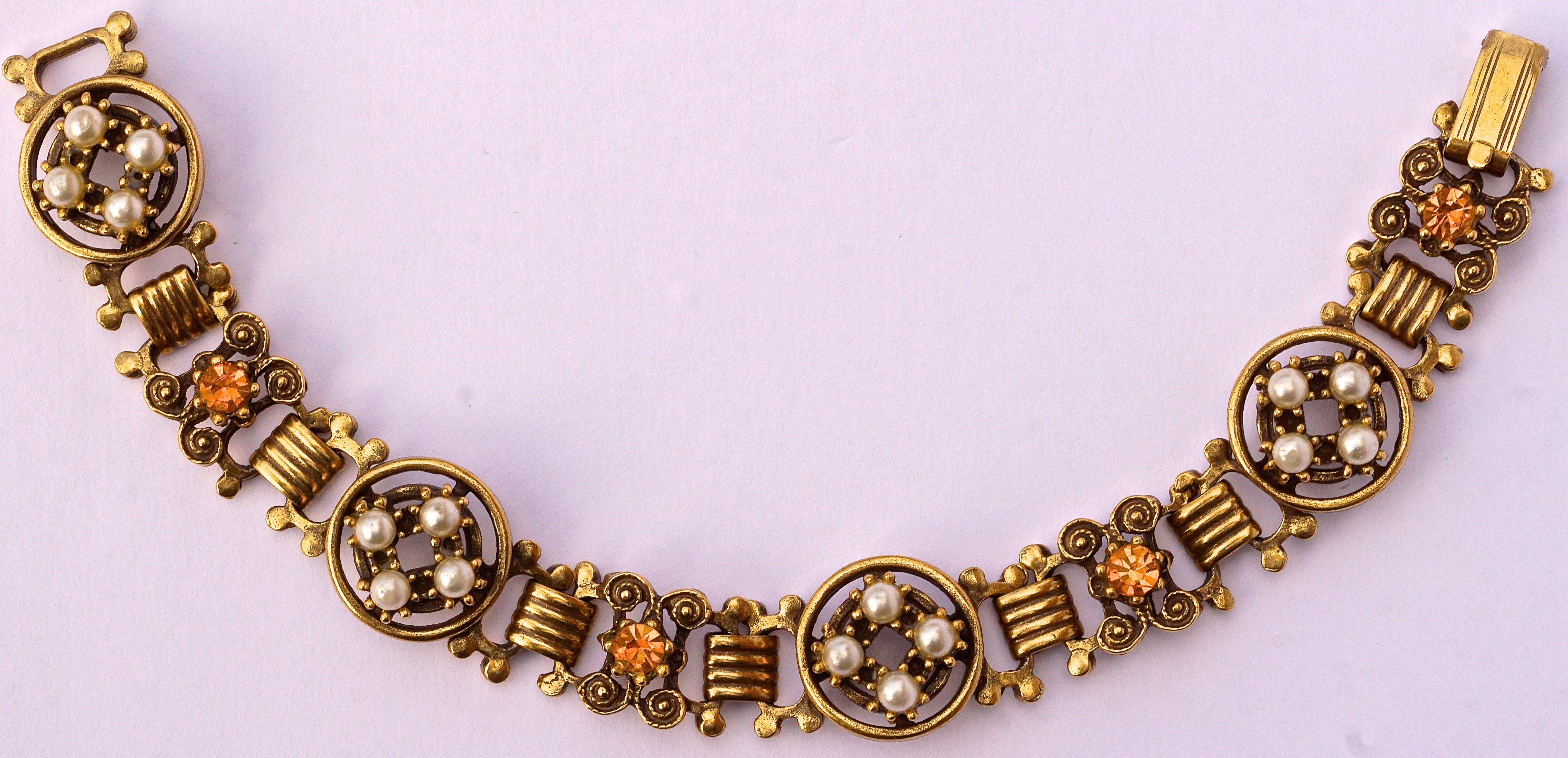 Coro Victorian Revival Gold Plated Faux Pearl and Topaz Rhinestone Link Bracelet In Good Condition In London, GB