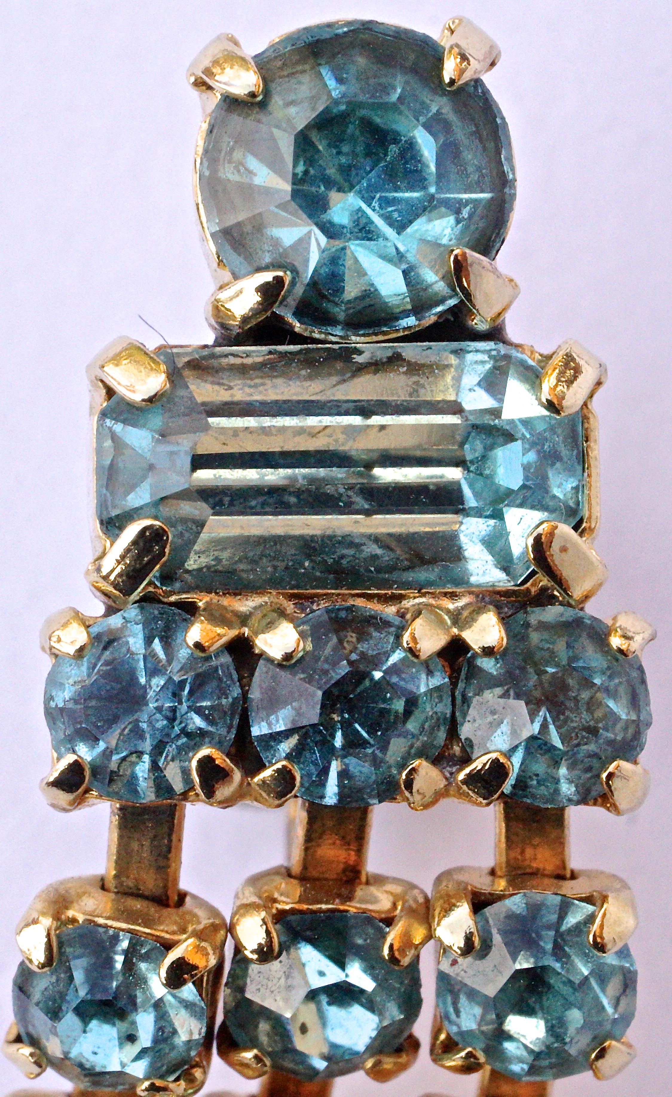 Women's Gold Plated and Aqua Blue Rhinestone Dangle Earrings, circa 1950s 