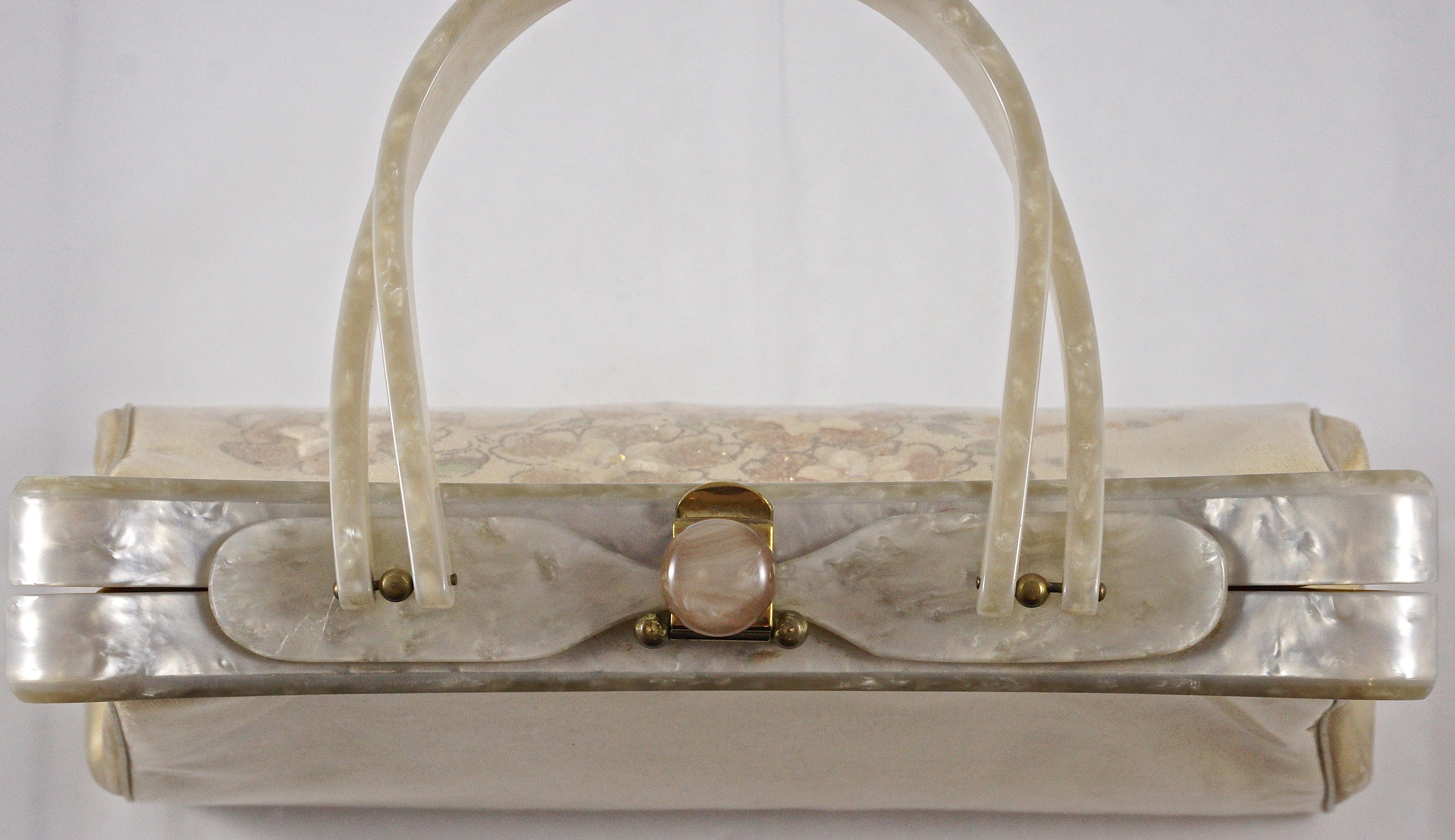 Brown Rialto 1950s Lucite Vinyl Cream Fabric Handbag with Flowers and Rhinestones