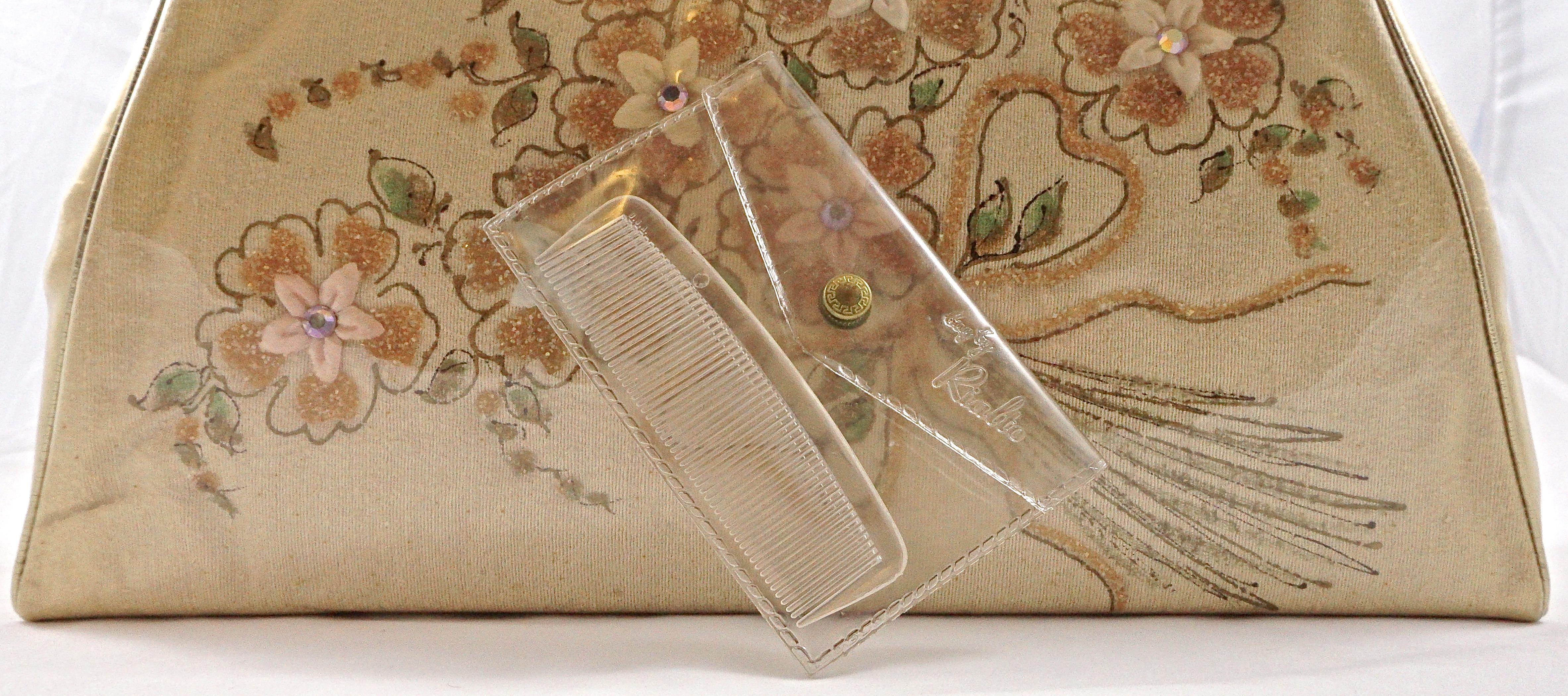 Rialto 1950s Lucite Vinyl Cream Fabric Handbag with Flowers and Rhinestones 1