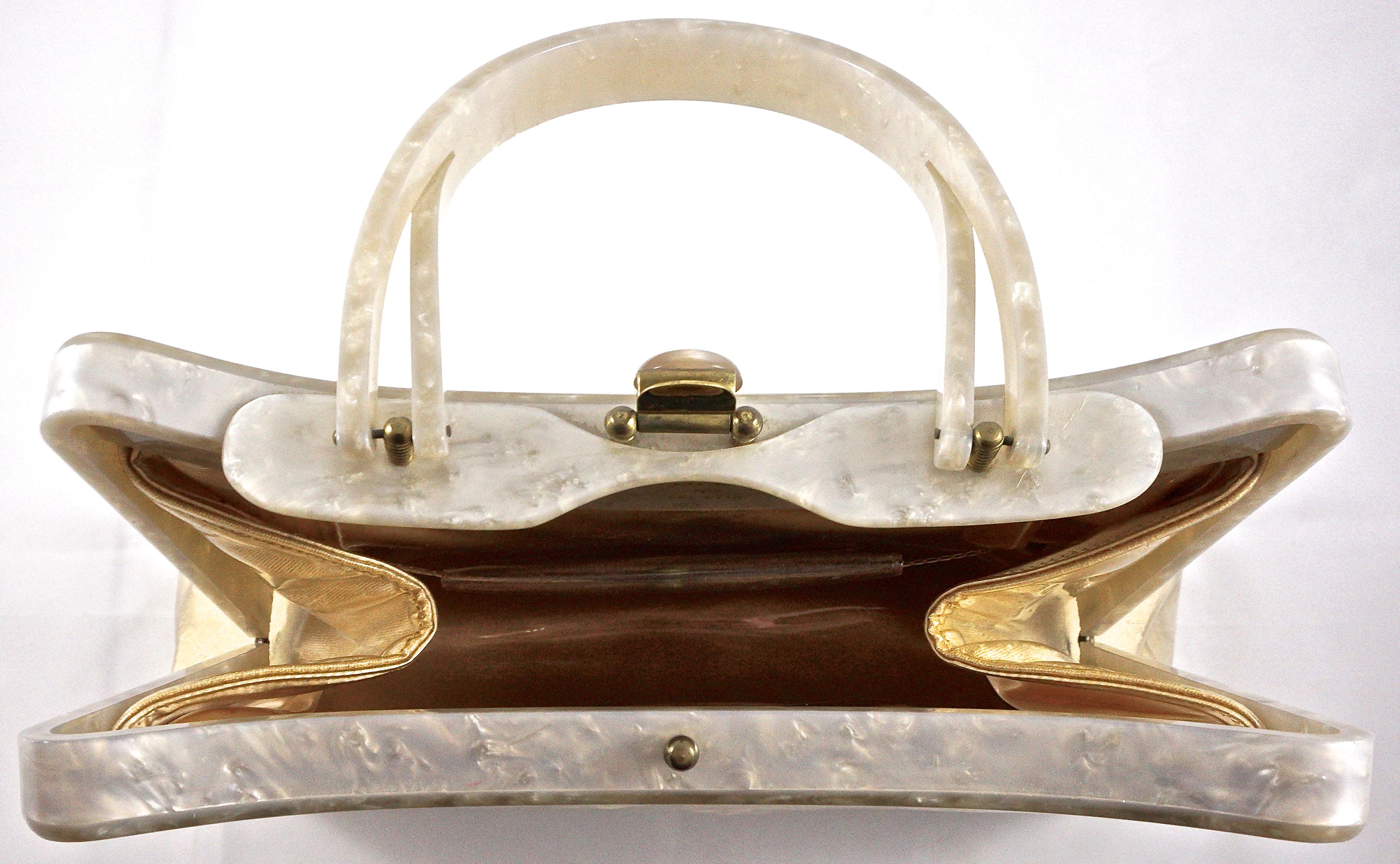 Rialto 1950s Lucite Vinyl Cream Fabric Handbag with Flowers and Rhinestones In Good Condition In London, GB