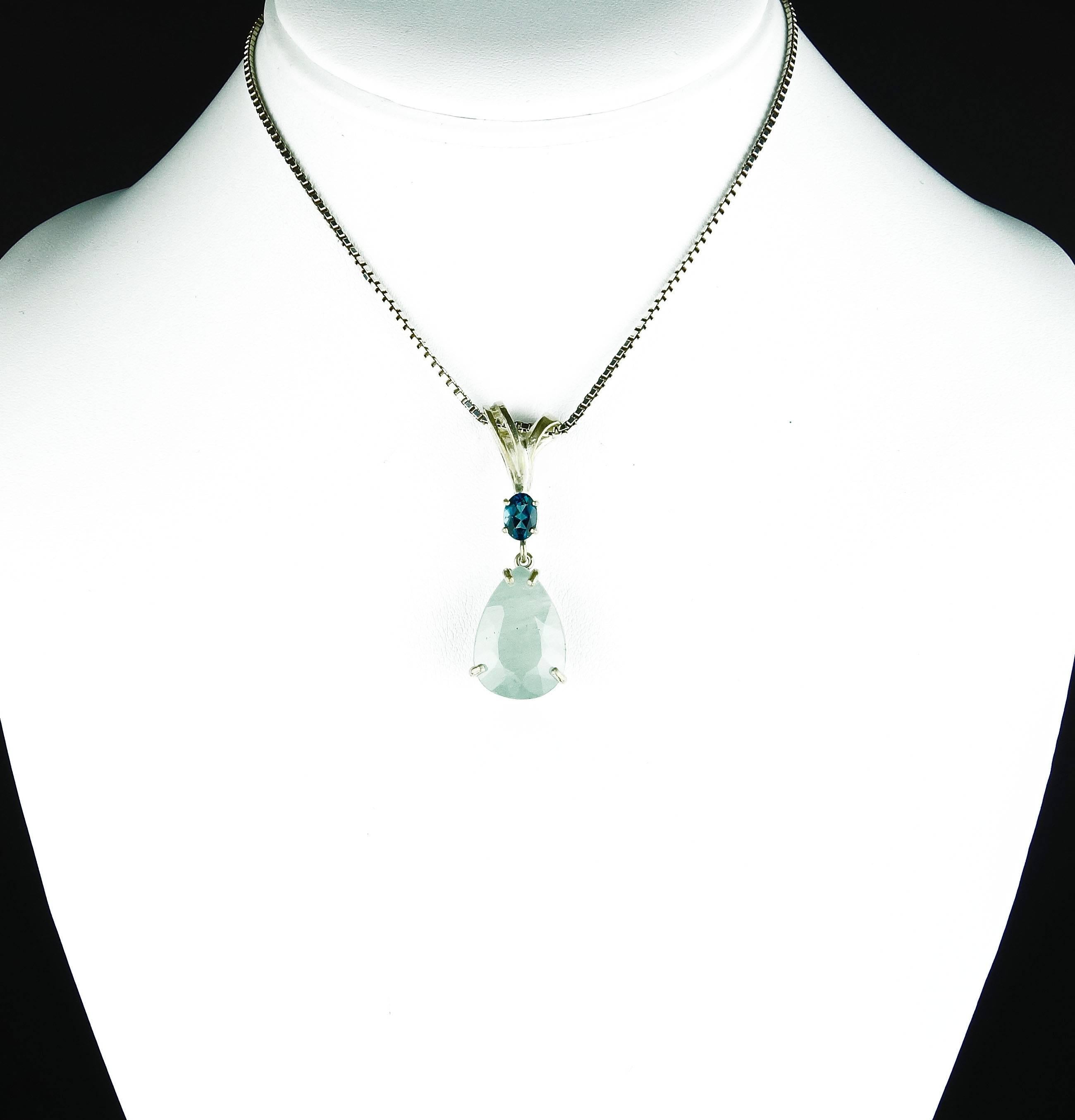 This 8.8 carat natural pale blue Aquamarine (measures 19.9 mm x 13.2 mm) is enhanced with a brilliant sparkling blue Topaz (measures 6.7 mm x 4.9 mm) set in a sterling silver pendant.  The top loop is very open to fit / slide on many different kinds