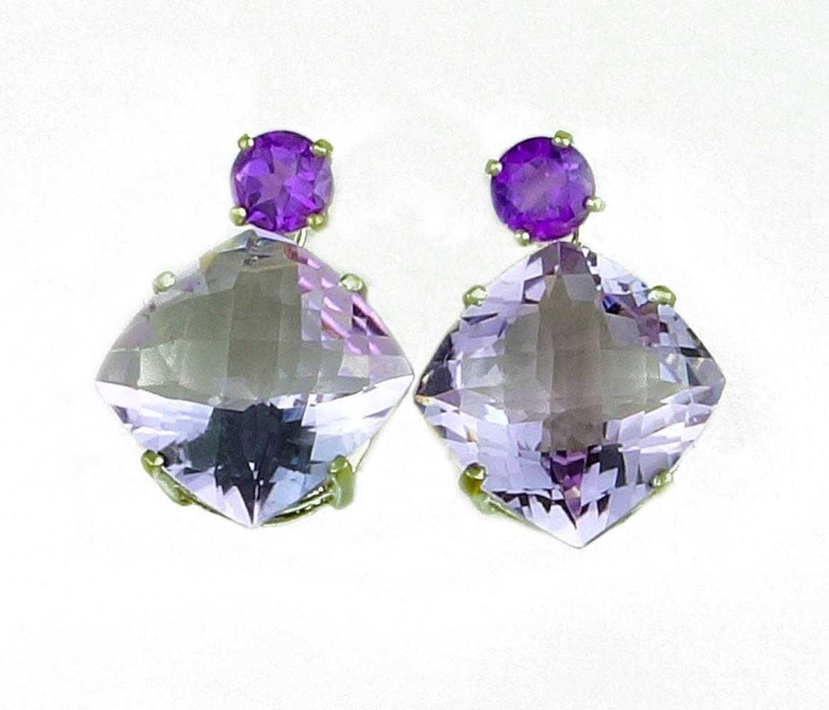 1.69 Carats of brilliant round Amethysts (6 mm) swing glittering checkerboard cushion cut 21.98 carats of Rose of France (15 mm x 15 mm) sterling silver stud earrings.  They measure 1 inch long from top of Amethyst to bottom of Rose of France.  