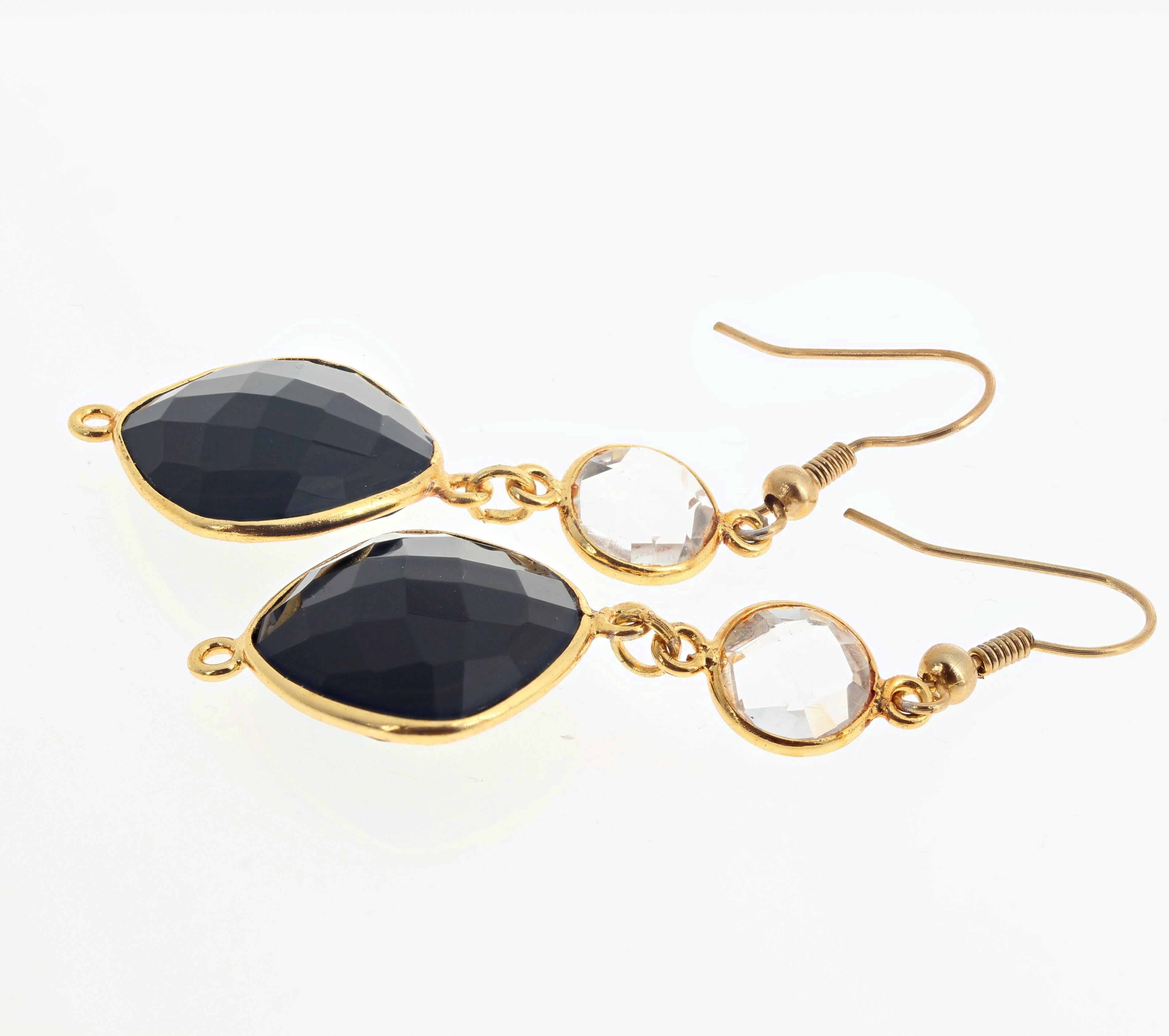 Women's Unique Handmade Onyx and Quartz Gold Plated Hook Earrings