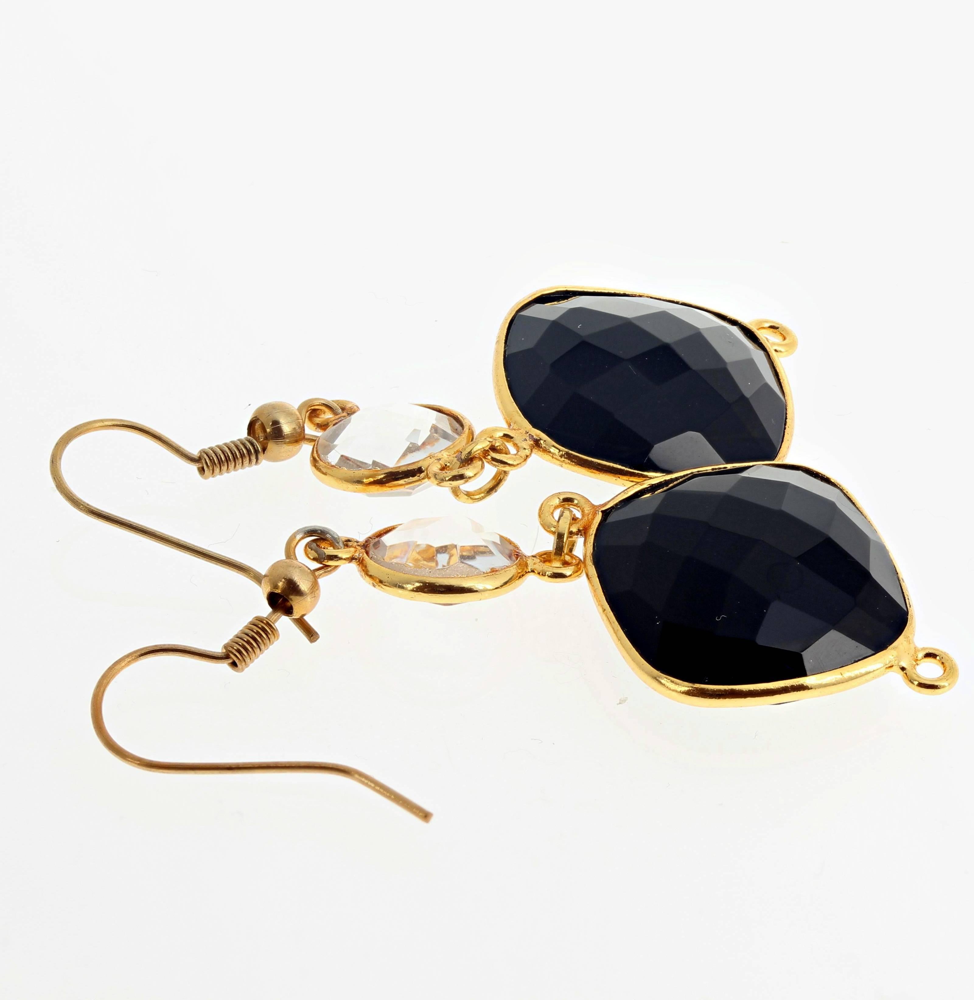 Unique Handmade Onyx and Quartz Gold Plated Hook Earrings In New Condition In Raleigh, NC