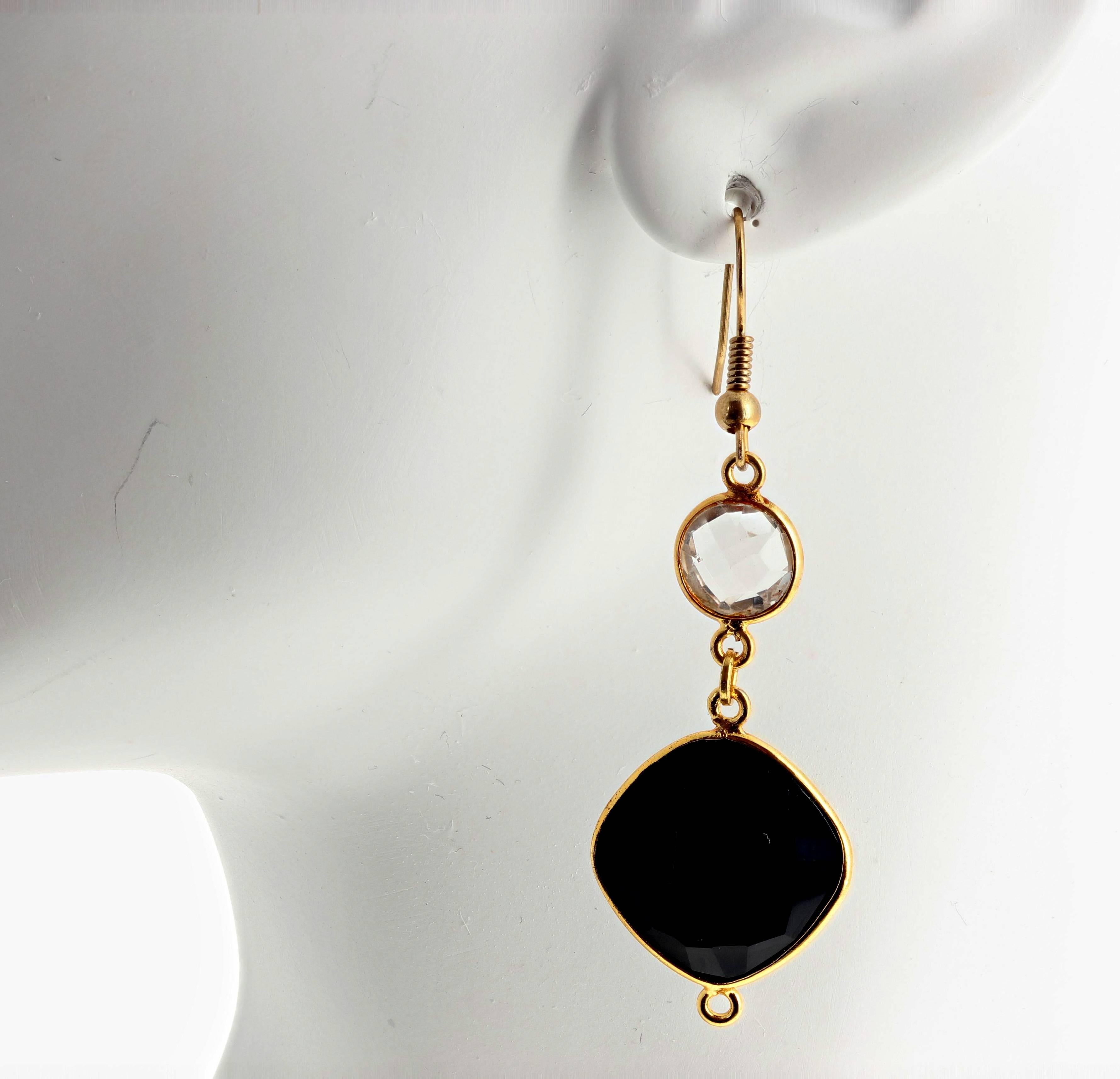 Unique Handmade Onyx and Quartz Gold Plated Hook Earrings 1