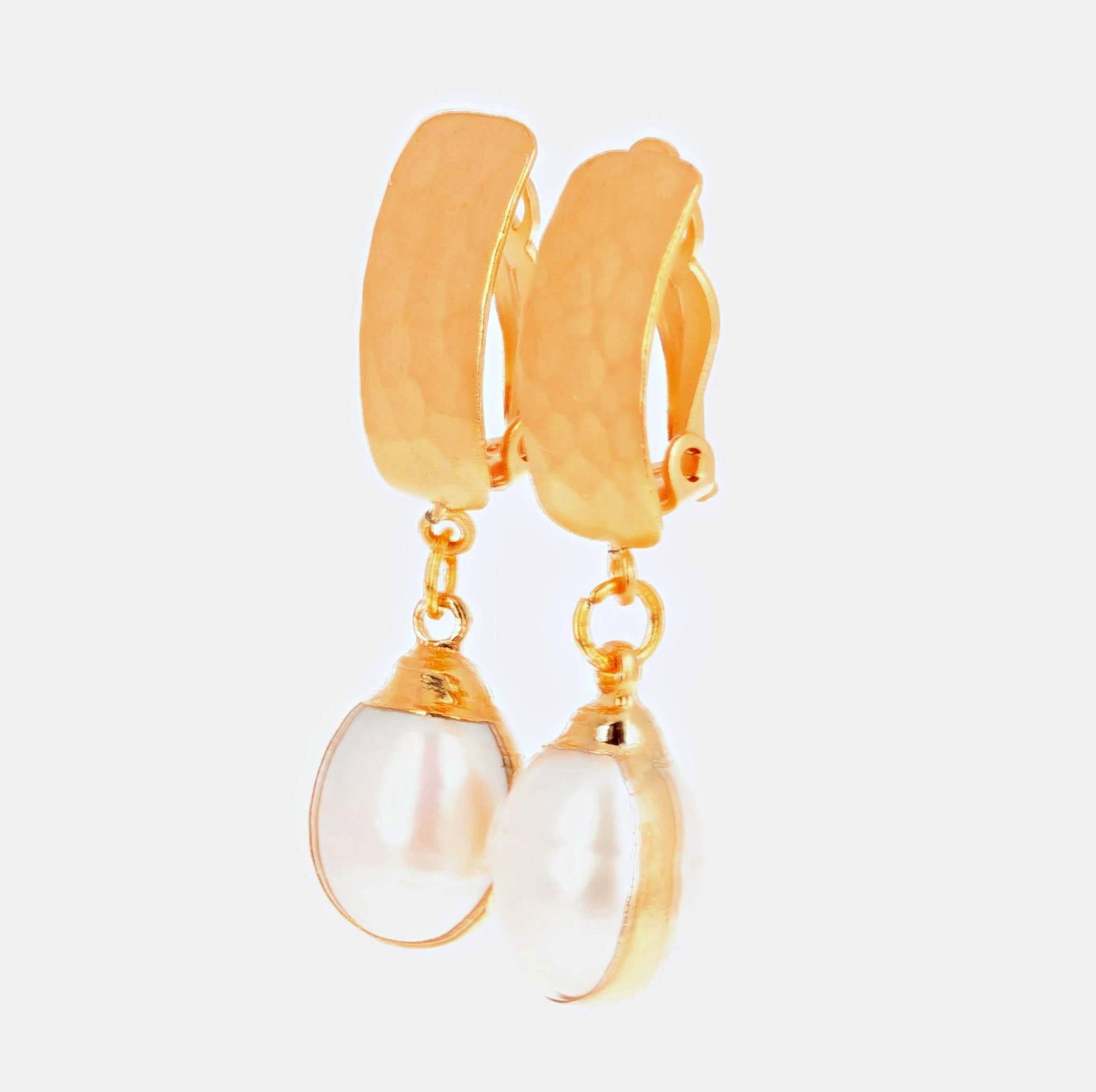 Unique Handmade Clip-on Gold Plated (Vermeil) Pearl Earrings In New Condition In Raleigh, NC