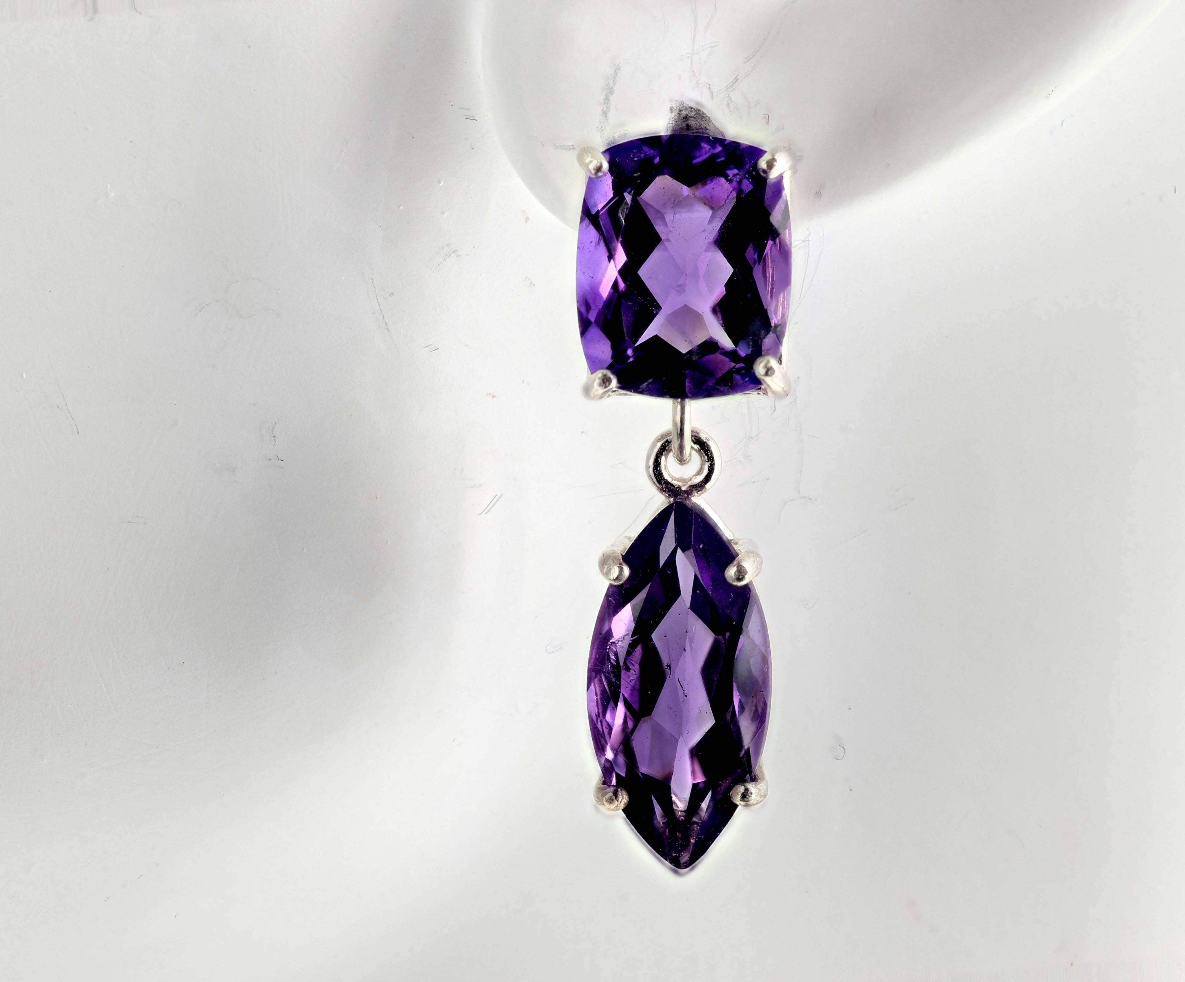 Cushion Cut (11.1 mm x 9.1 mm) dangle glittering marquise cut (16 mm x 7.8 mm) Amethyst in sterling silver stud earrings.  They hand approximately 1.7 inches from to of cushion Amethyst to bottom of marquise Amethyst.