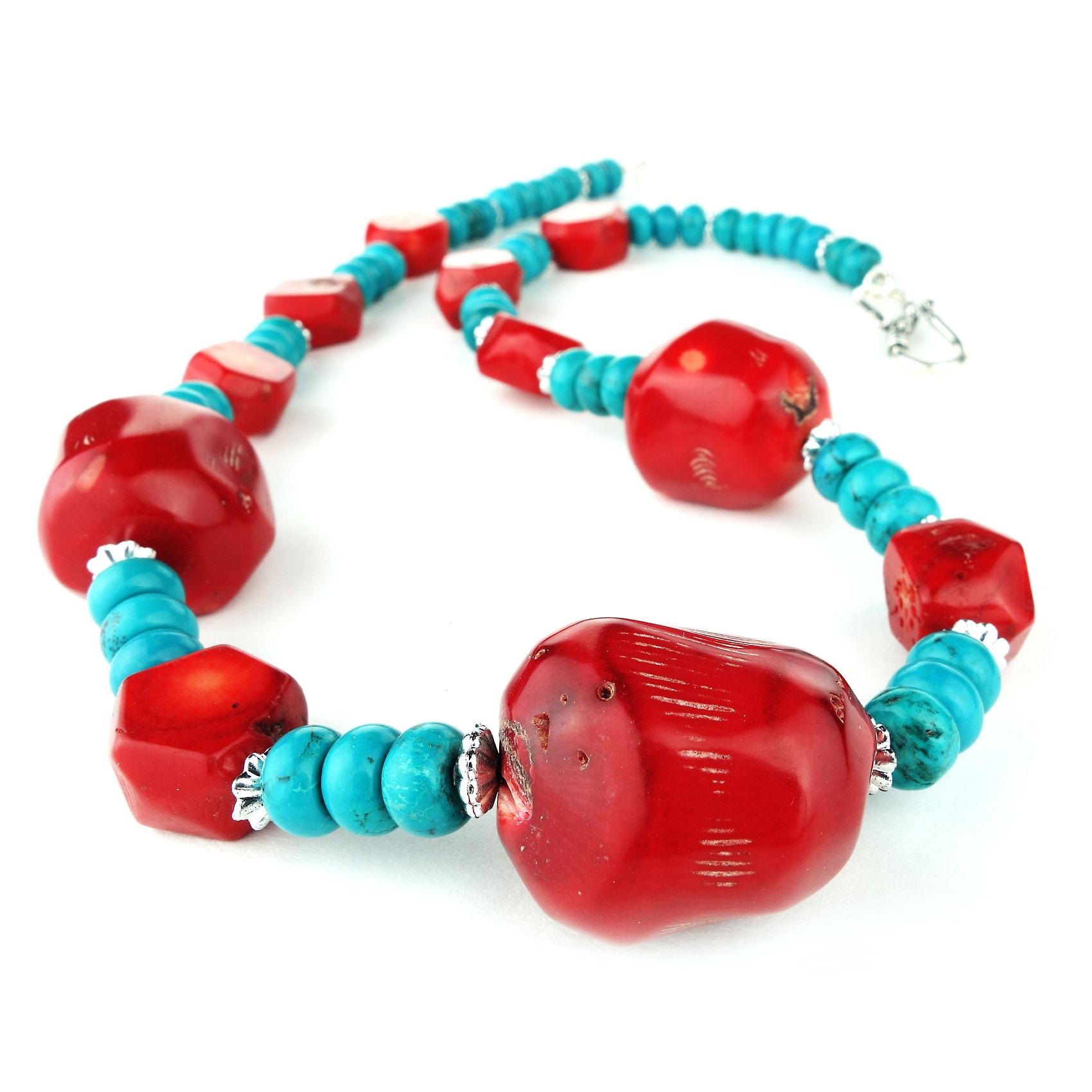 Red Bamboo Coral and composite Turquoise Bead Necklace with silver tone accents and 