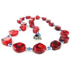Red Coral With Silver Tone Cubes  and Blue Czech Beads Necklace
