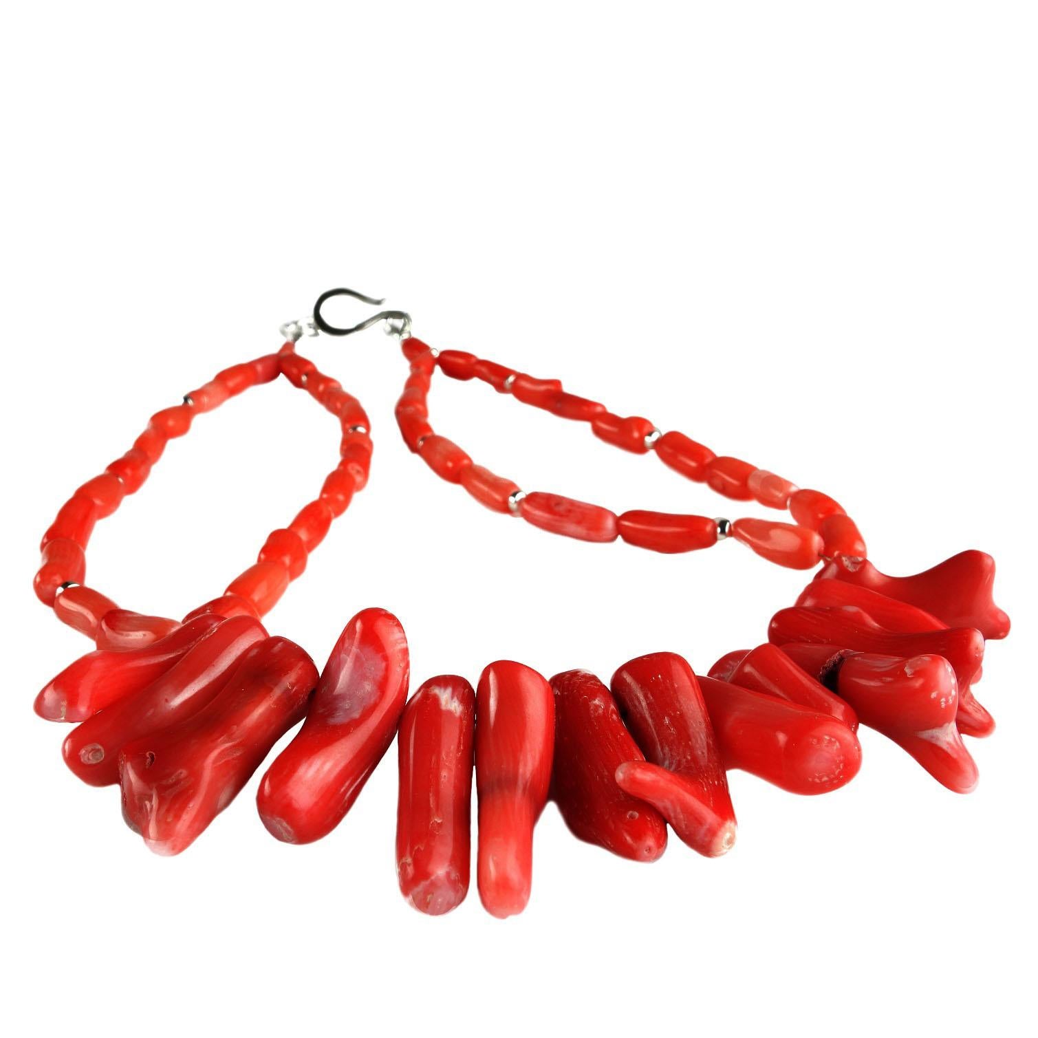 Delightful unique Orangey Branch Coral Fringe Front necklace. The front Branch Coral pieces are approximately 3/4 inches in length and this section measures four inches across. The sides of this handmade necklace are each two strands of lengthwise