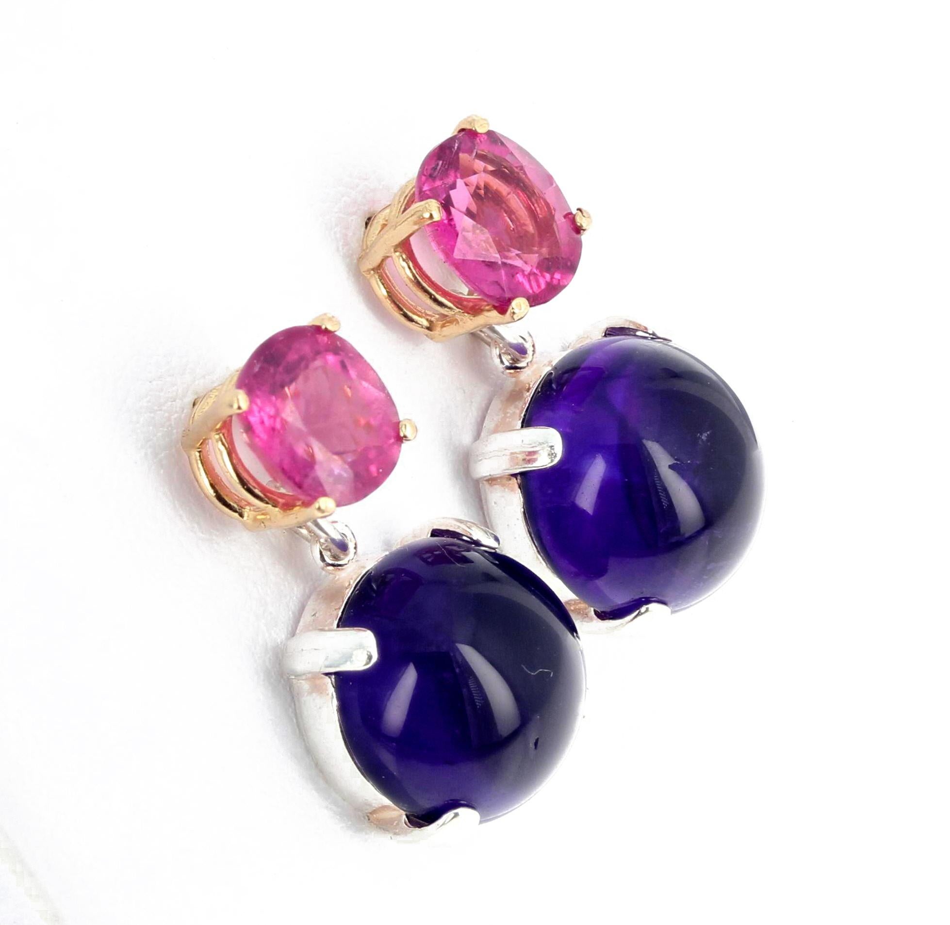 Glamorous elegant 8 mm x 7 mm brilliant pink natural Tourmalines set in 14Kt yellow gold custom made stud earrings elegantly dangle 13 mm round bright glowing Amethyst studs set in Sterling Silver.  The combination of the two metals makes them stand