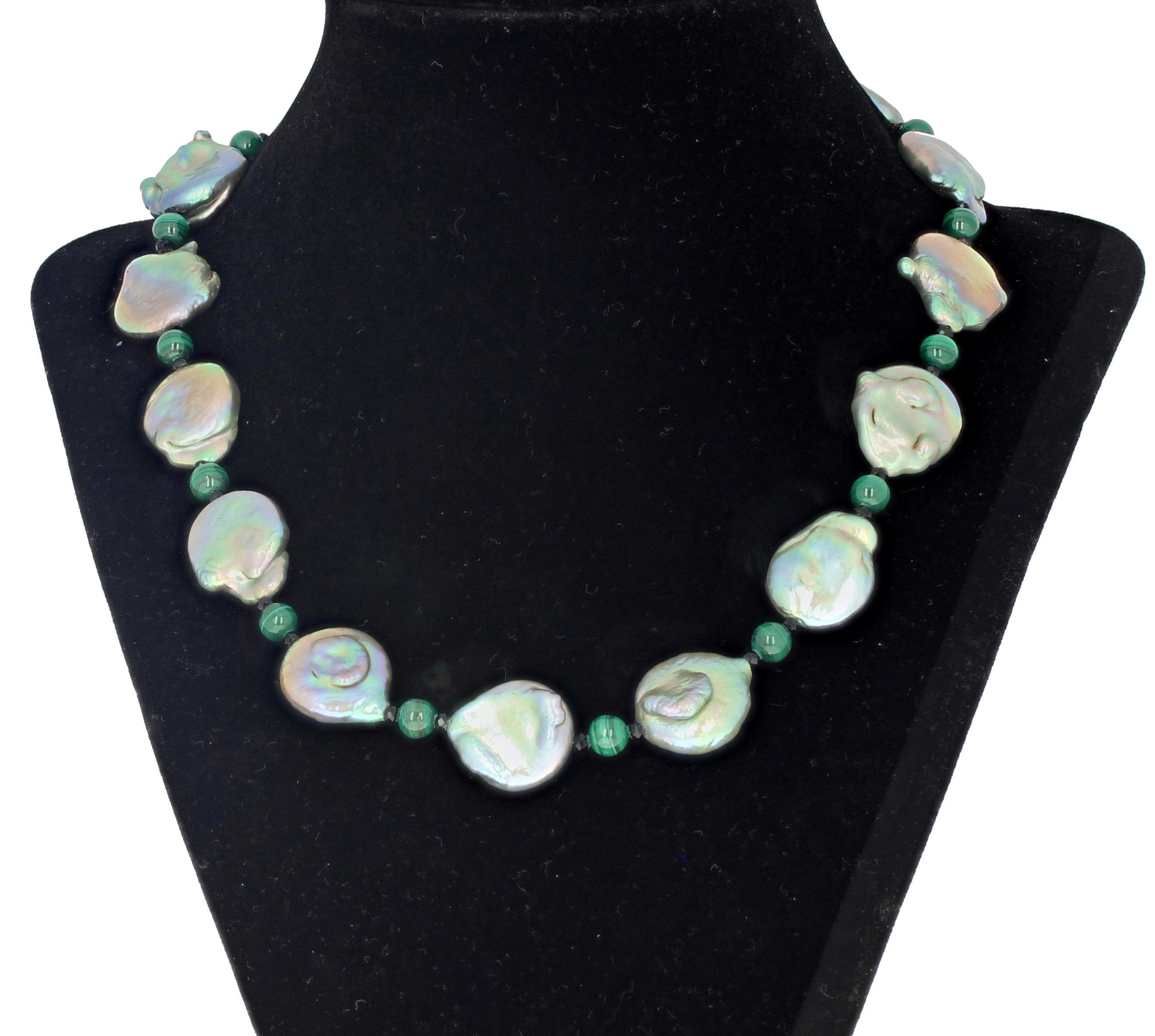 Glowing elegant multi color (almost fiery) unique 17mm Coin Pearls enhanced with natural green Malachite and REAL NATURAL Spinel handmade necklace 17 inches long set with a sterling silver clasp. 