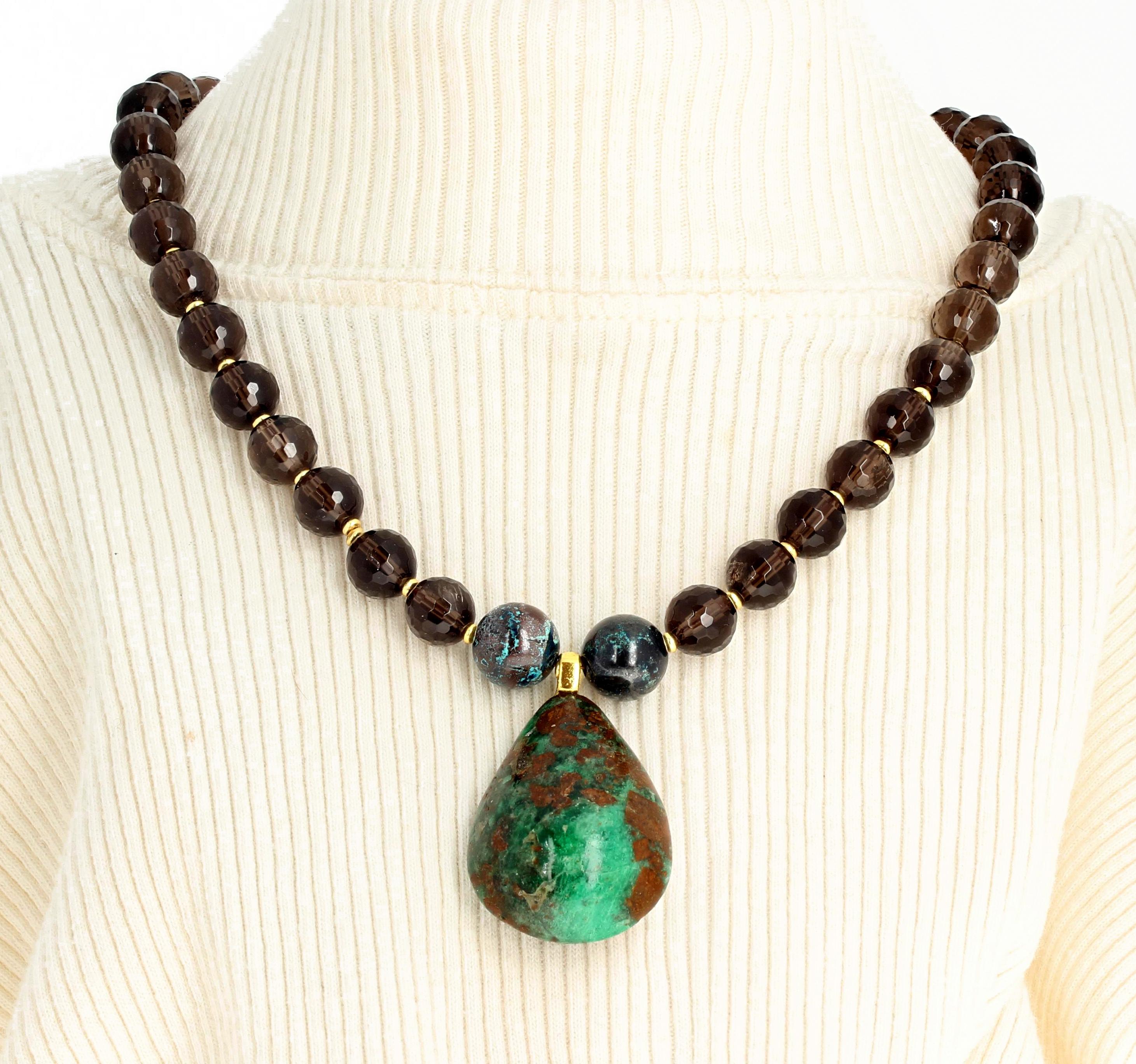 Beautiful natural real Emerald pear cut and polished rock gem (38.7 mm x 28.2 mm) swings elegantly between two Chrysocollas (shattuckite) on this checkerboard gem cut translucent glowing Smoky Quartz handmade 15 inches long necklace enhanced with
