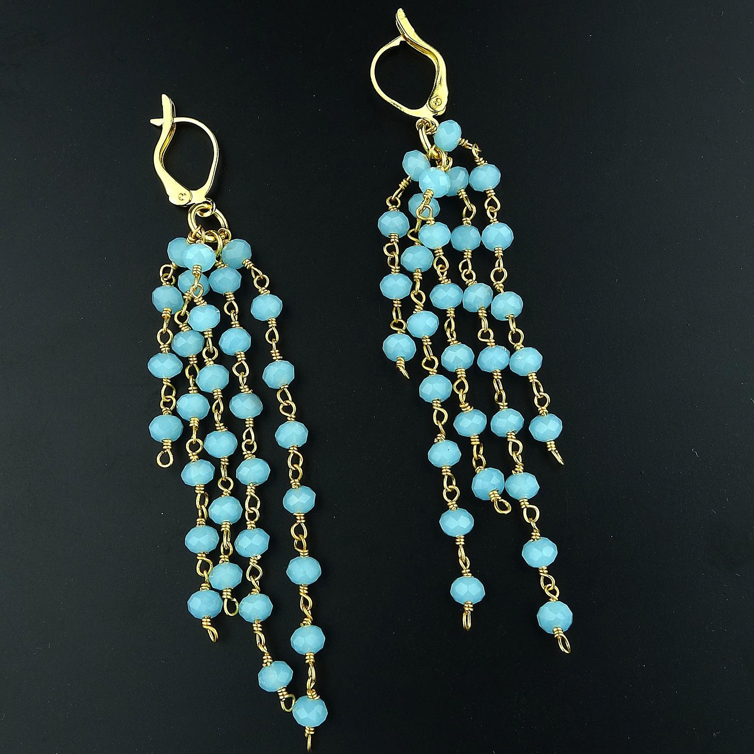 Stunning earrings of five strands of highly polished faceted rondels of blue Chalcedony in finely worked gold tone chain. The strands are various lenths from 1.25 to 2.5 inches. The overall length of the lever back earrings is 3 inches. These