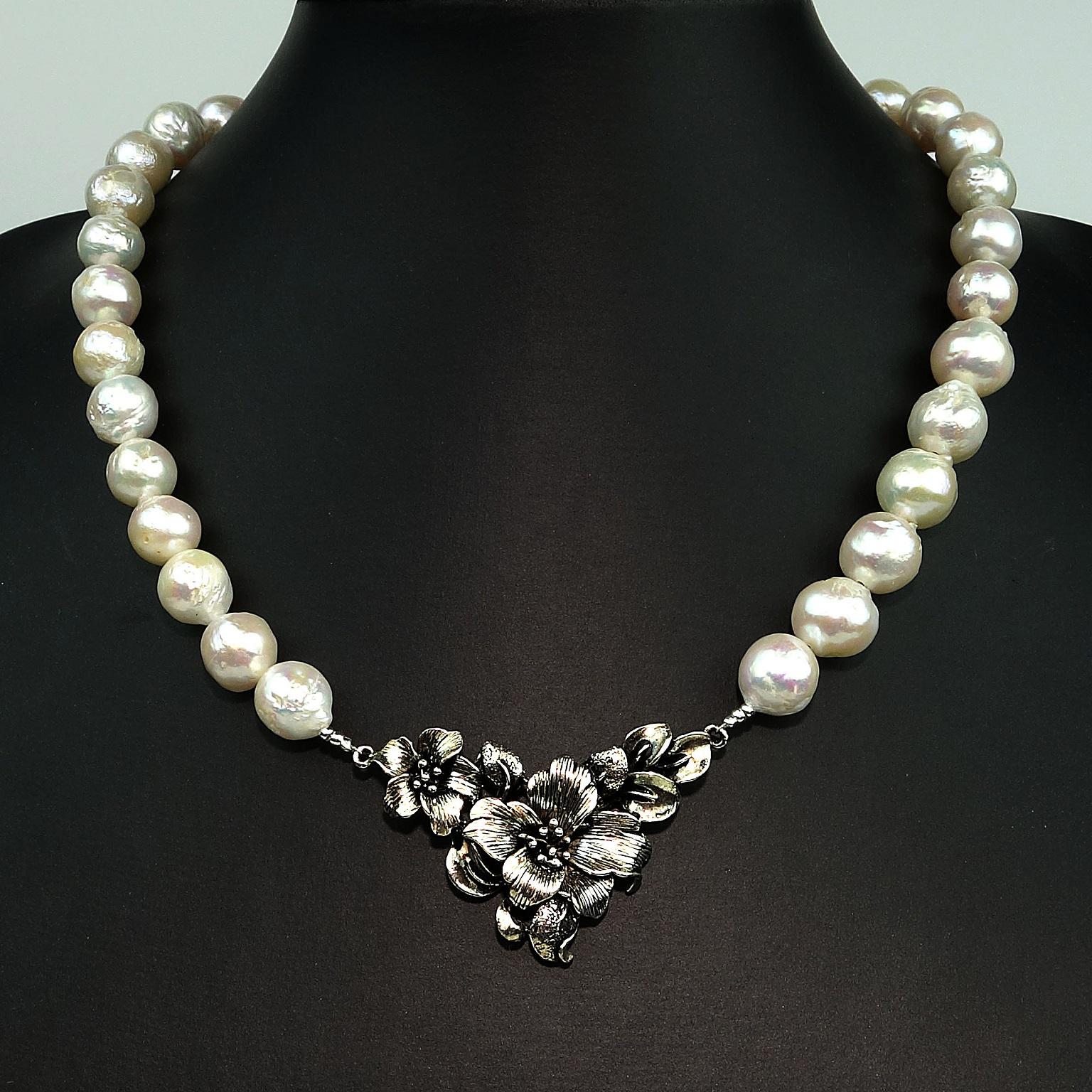 Bead AJD White Pearl Necklace with Floral Sterling Focal