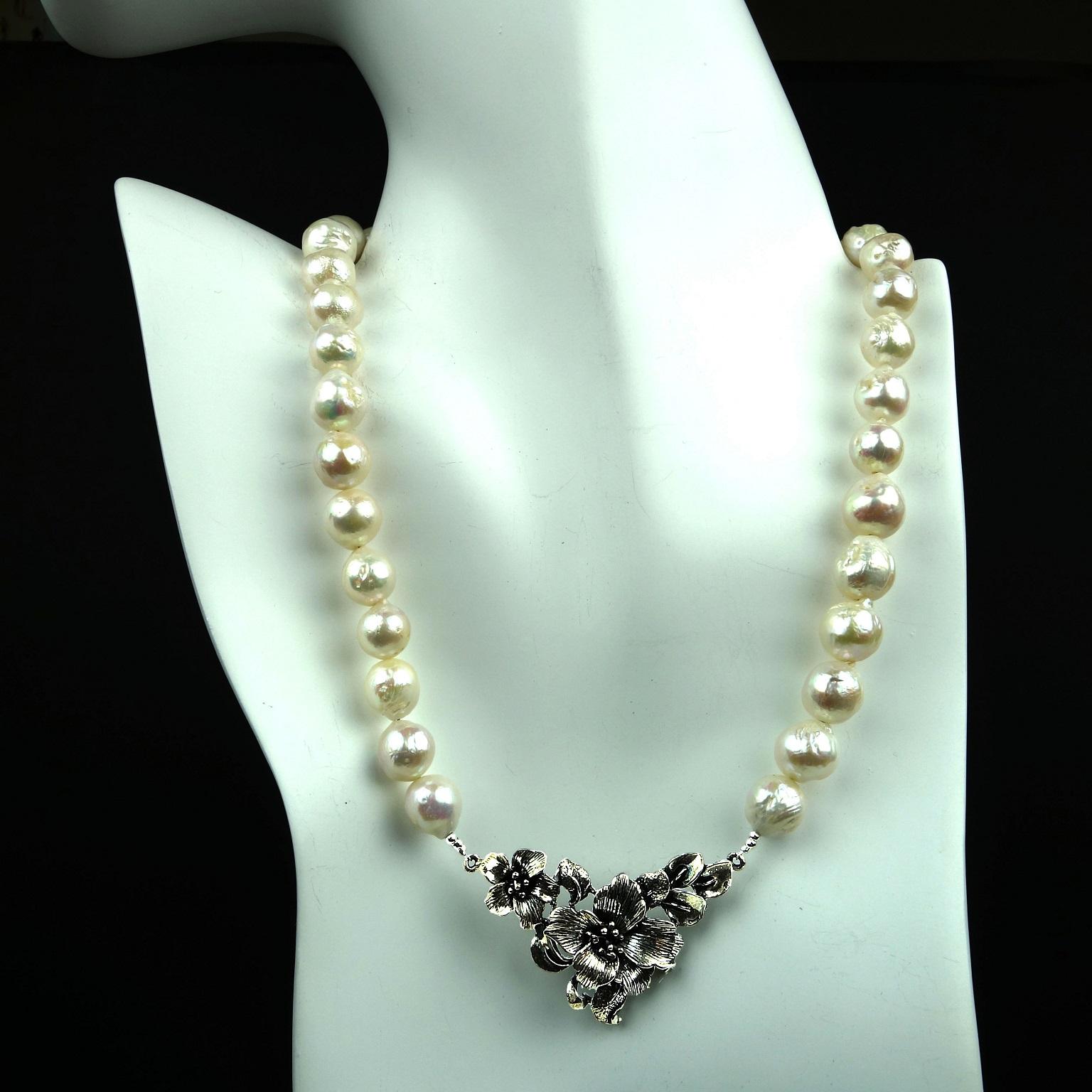 Women's or Men's AJD White Pearl Necklace with Floral Sterling Focal