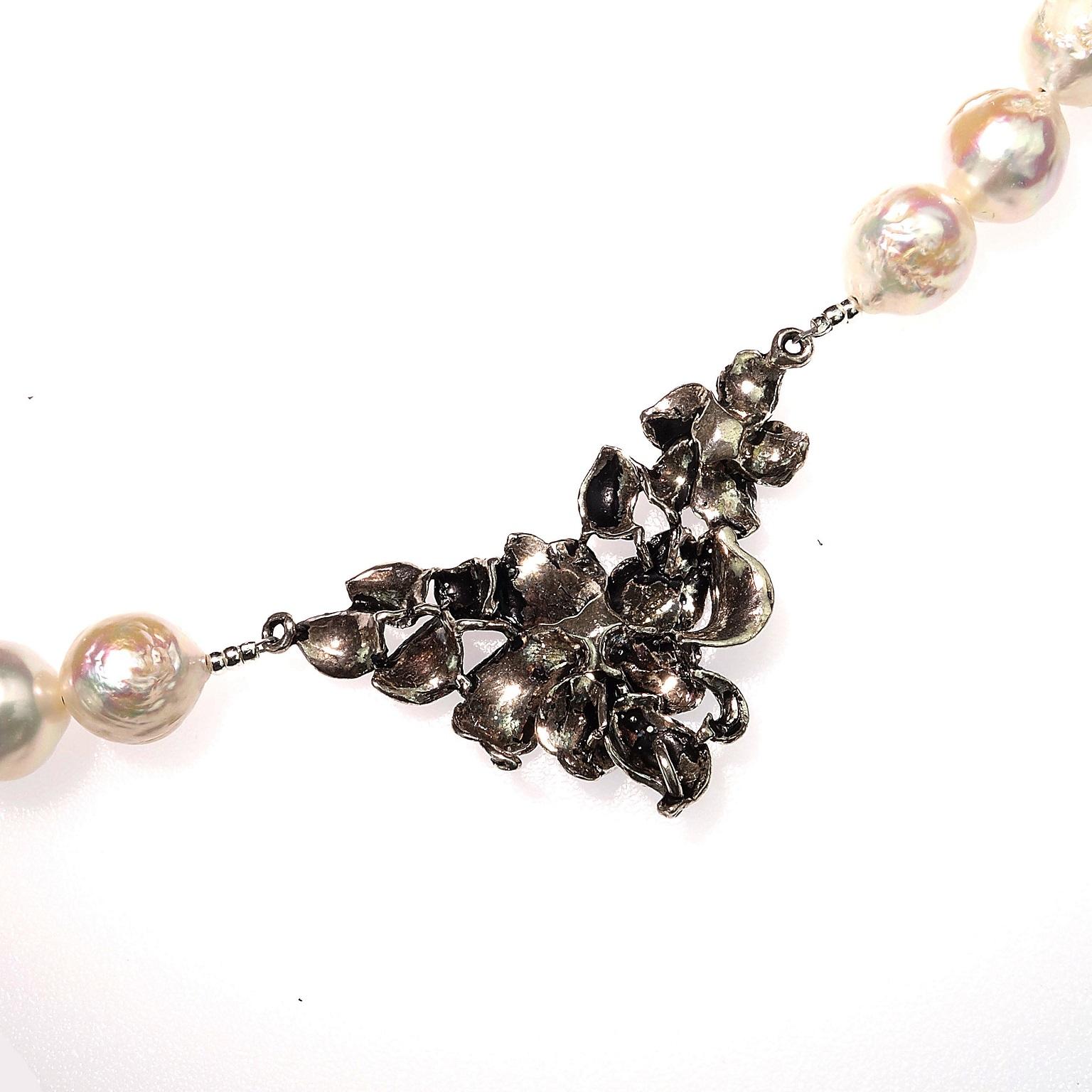 AJD White Pearl Necklace with Floral Sterling Focal 1