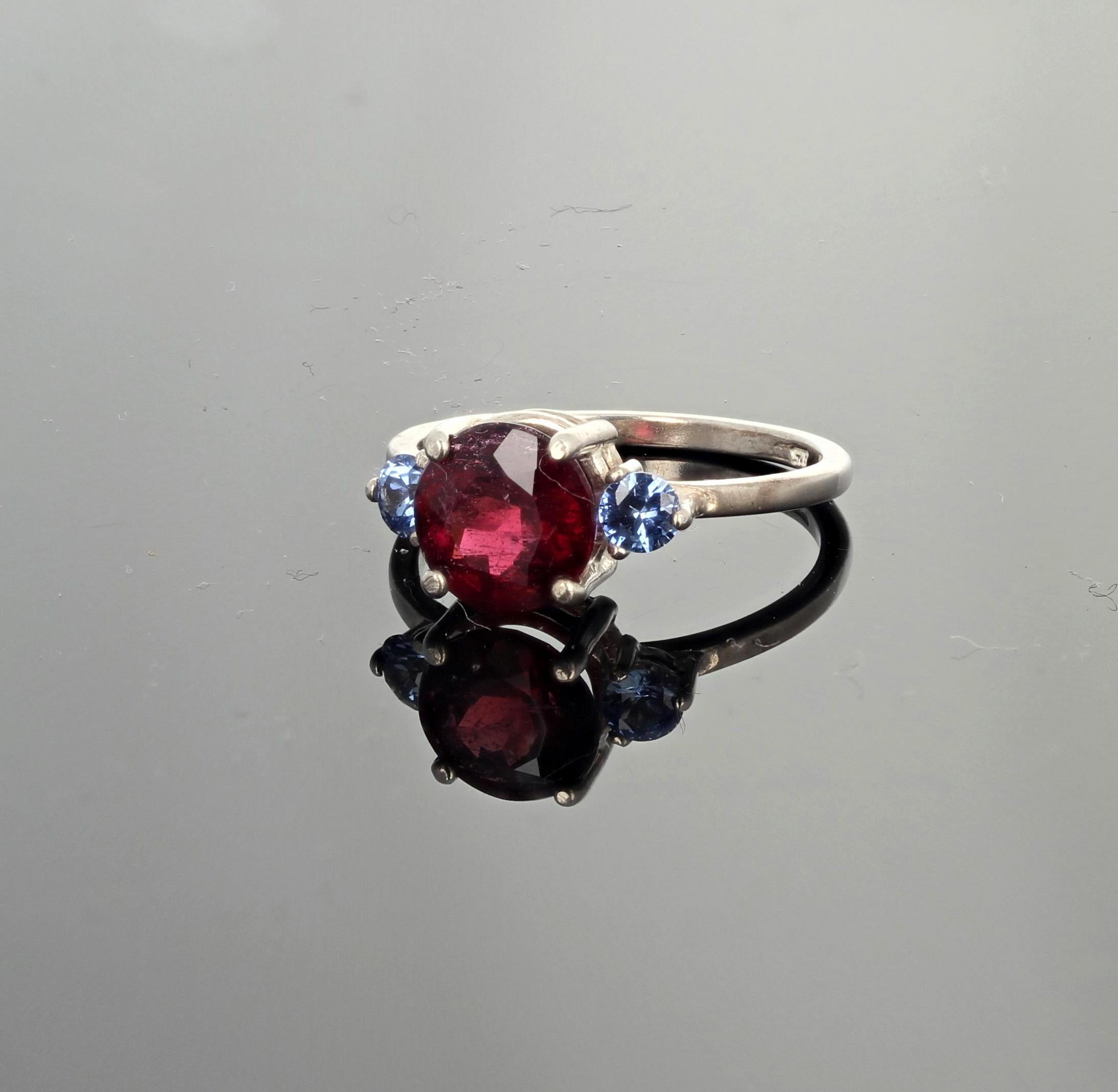 AJD Brilliant Rubellite Tourmaline & Blue Sapphire Silver Engagement Ring 1