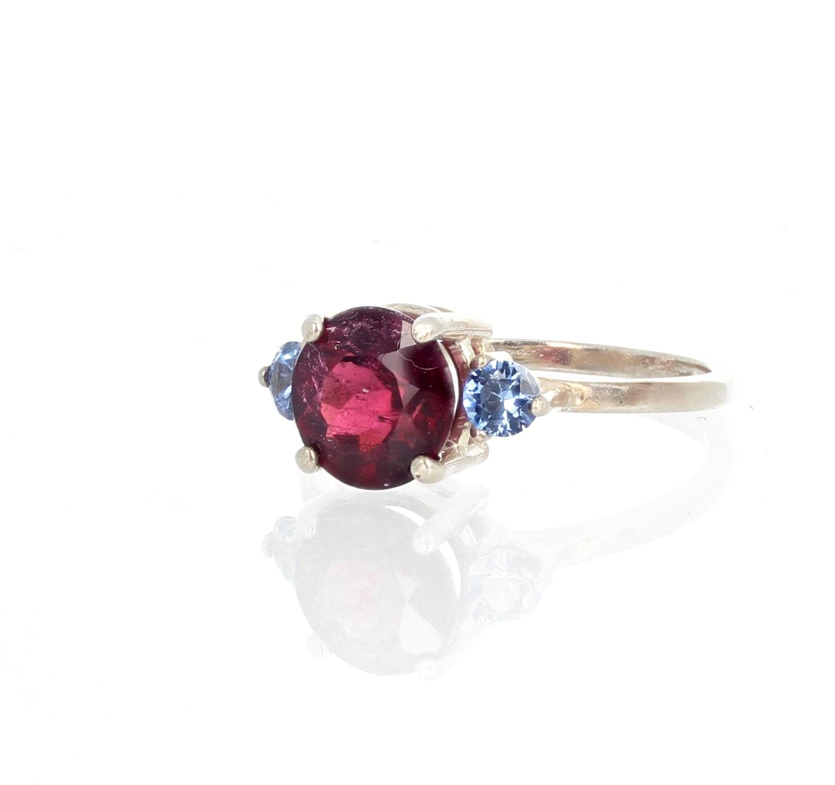 AJD Brilliant Rubellite Tourmaline & Blue Sapphire Silver Engagement Ring In New Condition In Raleigh, NC
