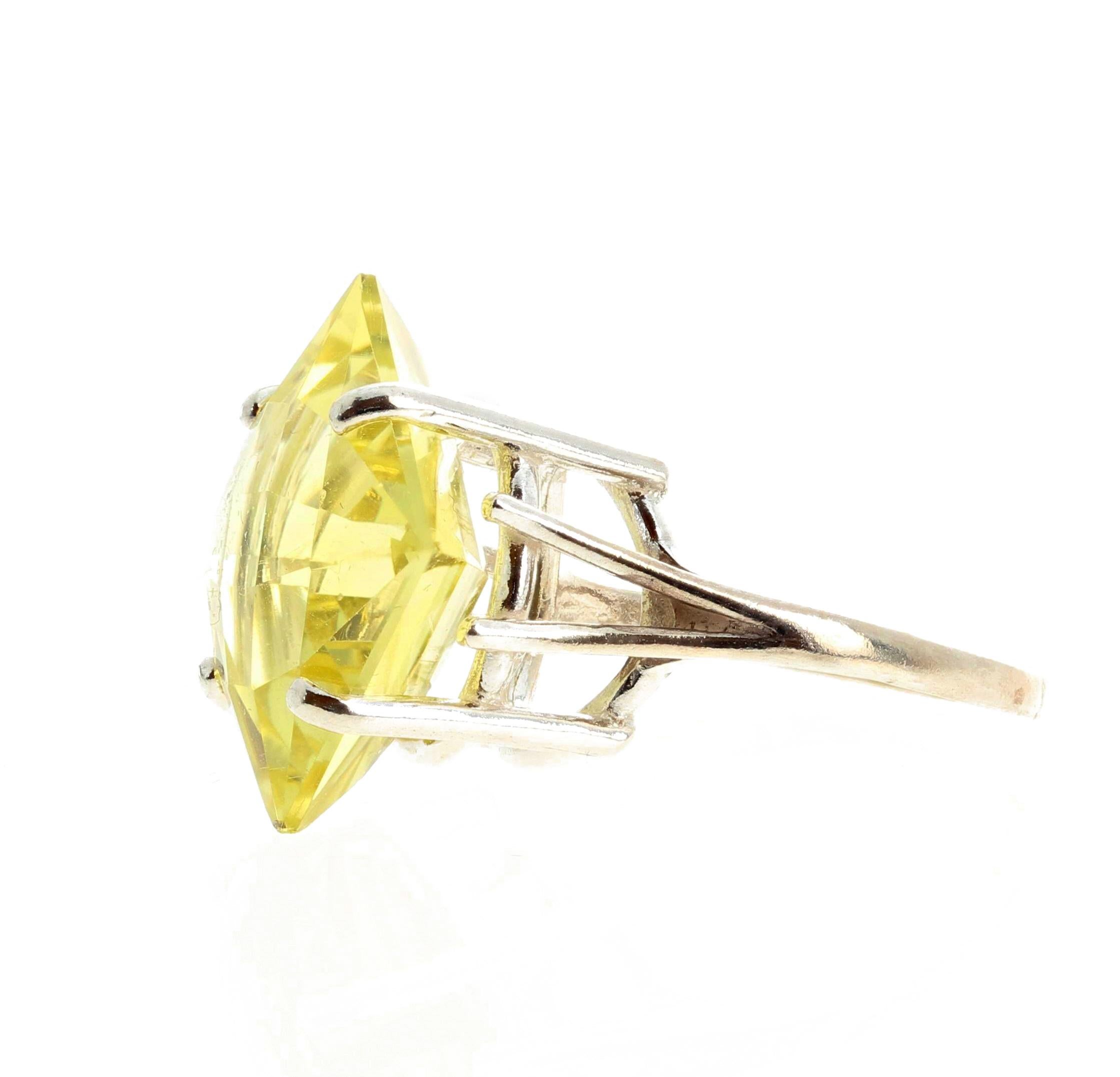Brilliantly glittering  12 carat unique checkerboard gem cut Lemon Quartz (15mm x 15mm) set in a sterling silver ring size 7 (sizable for free).   