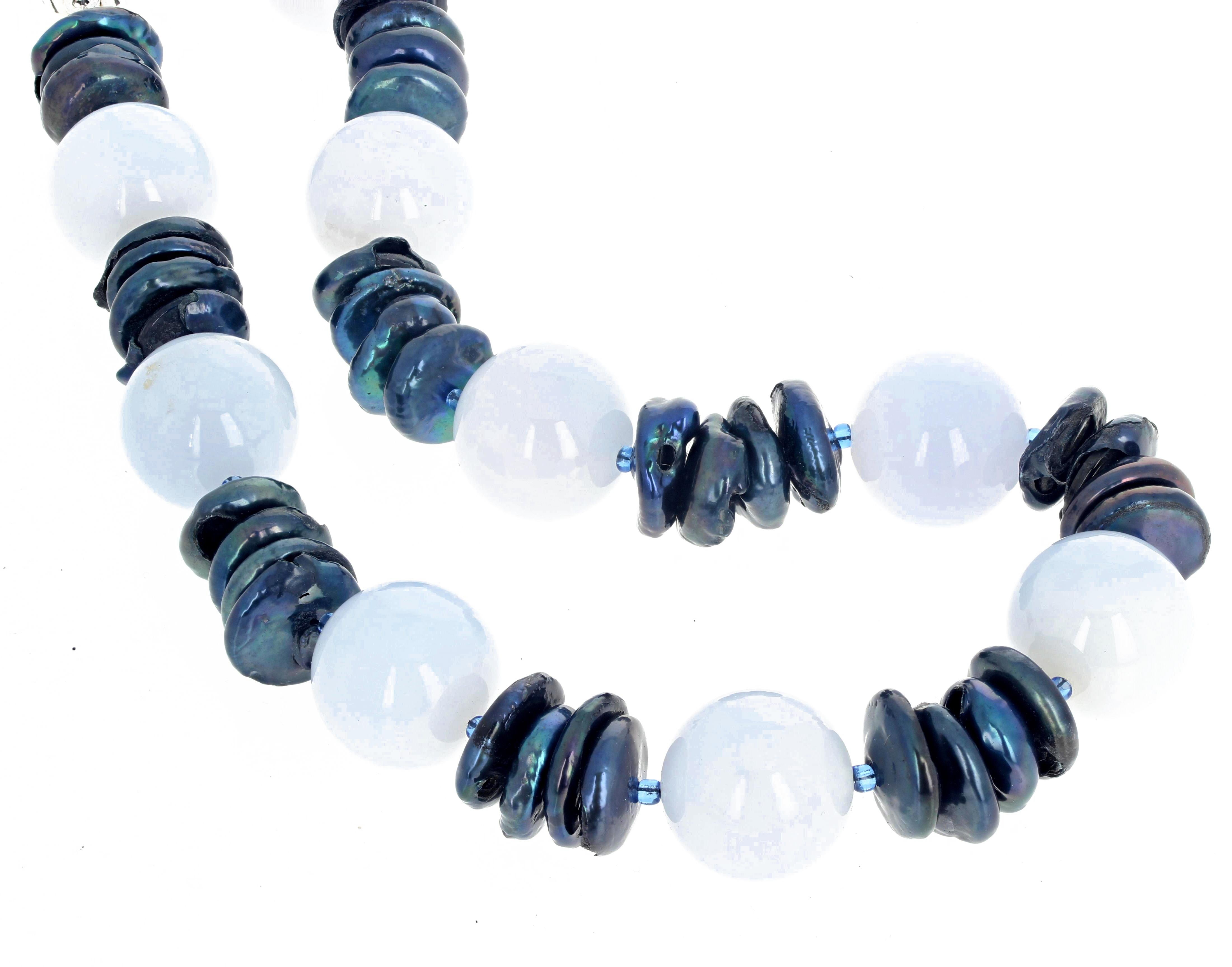 Gorgeous big round polished glowing 20mm Chalcedony gems interspersed with chipped and chunky Pearls in this handmade 17.5 inch necklace with Sterling Silver clasp.  