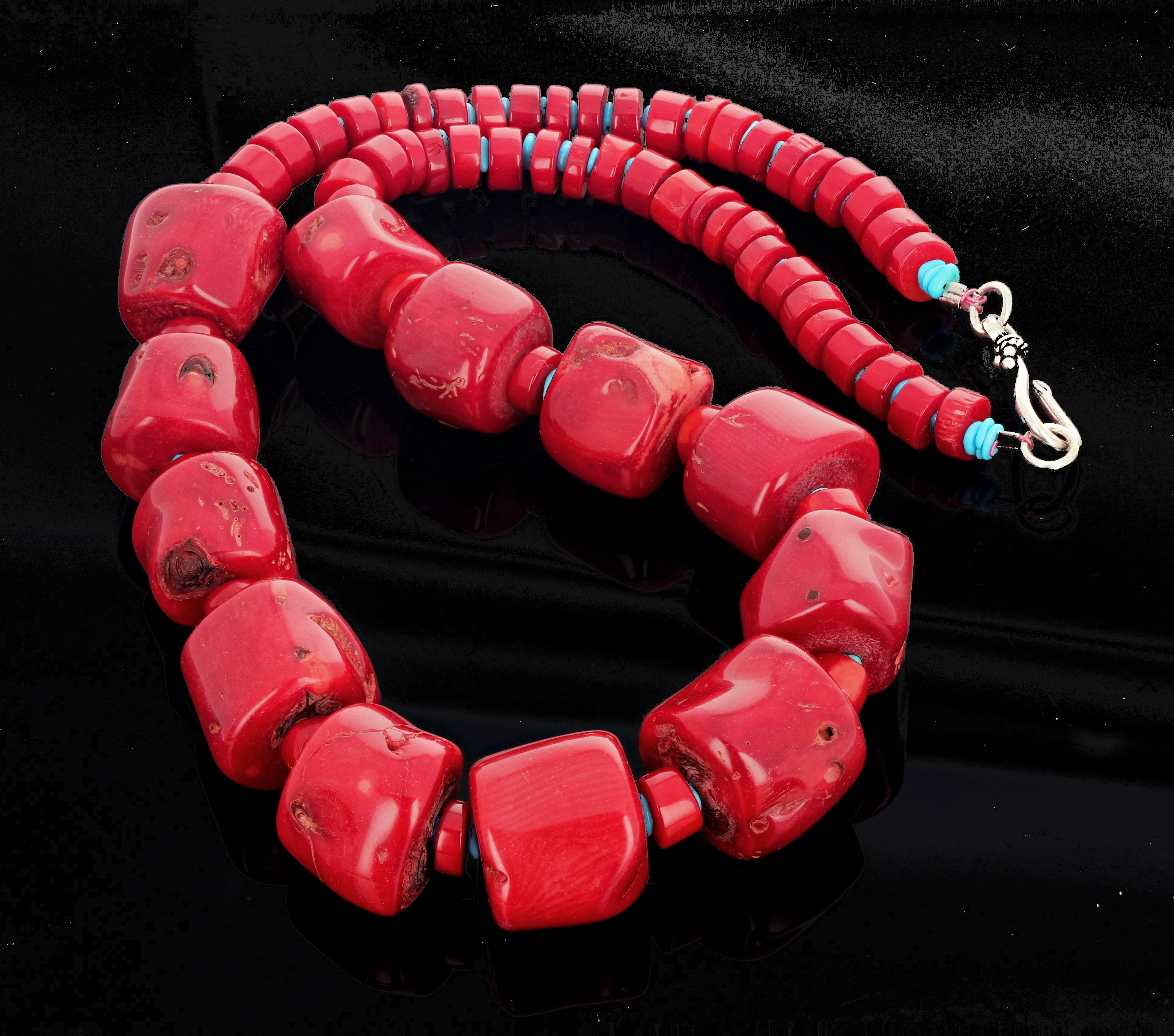 Women's Red Bamboo Coral and Turquoise Necklace