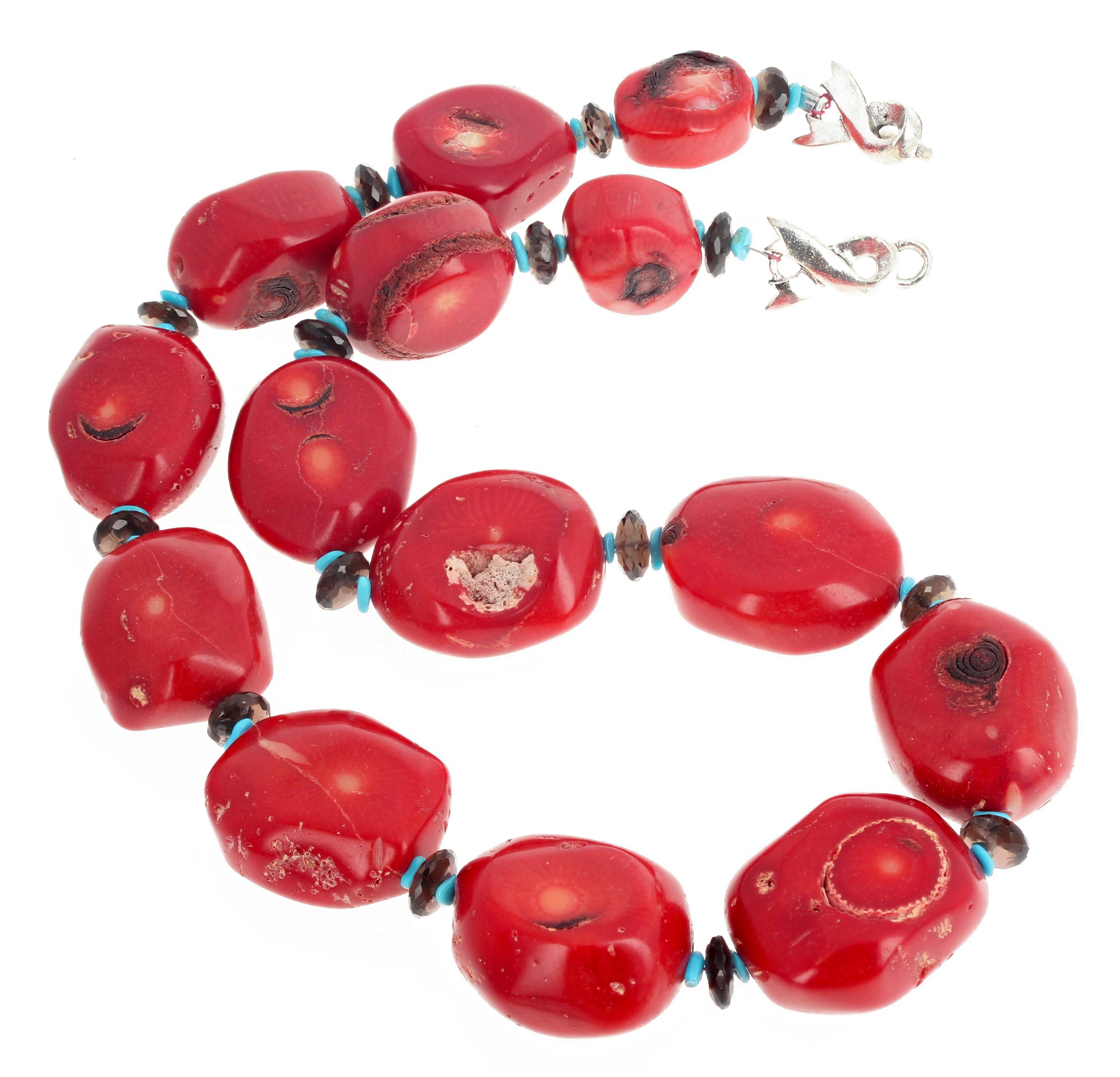 AJD Dramatic Chic 18" Red Bamboo Coral & Smoky Quartz & Turquoise Necklace For Sale