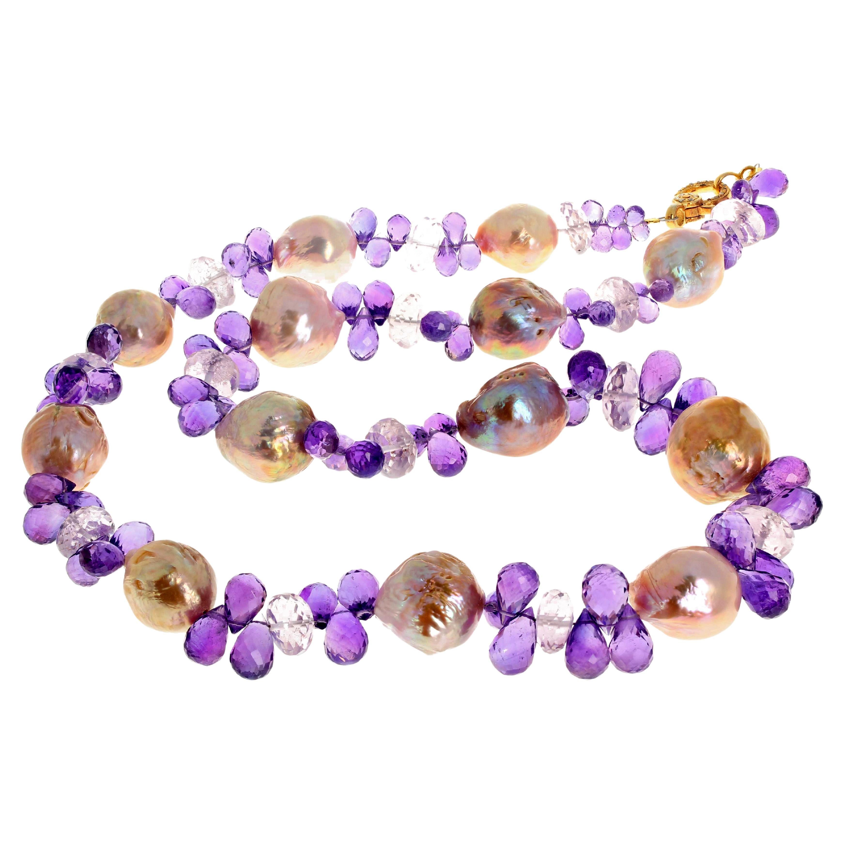AJD WOW !! Cultured Goldy Real Pearls & Amethysts & Diamond Clasp Necklace For Sale