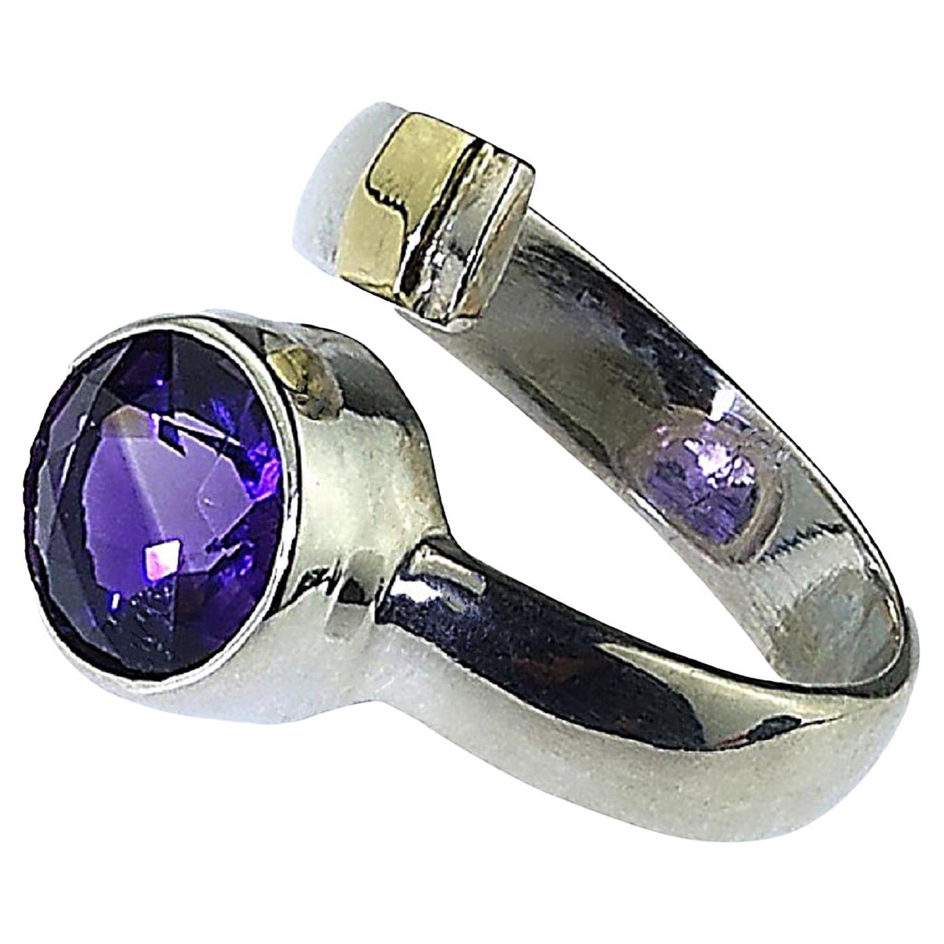 Round Cut AJD Crossover Amethyst and Sterling Ring with 14K gold accent For Sale