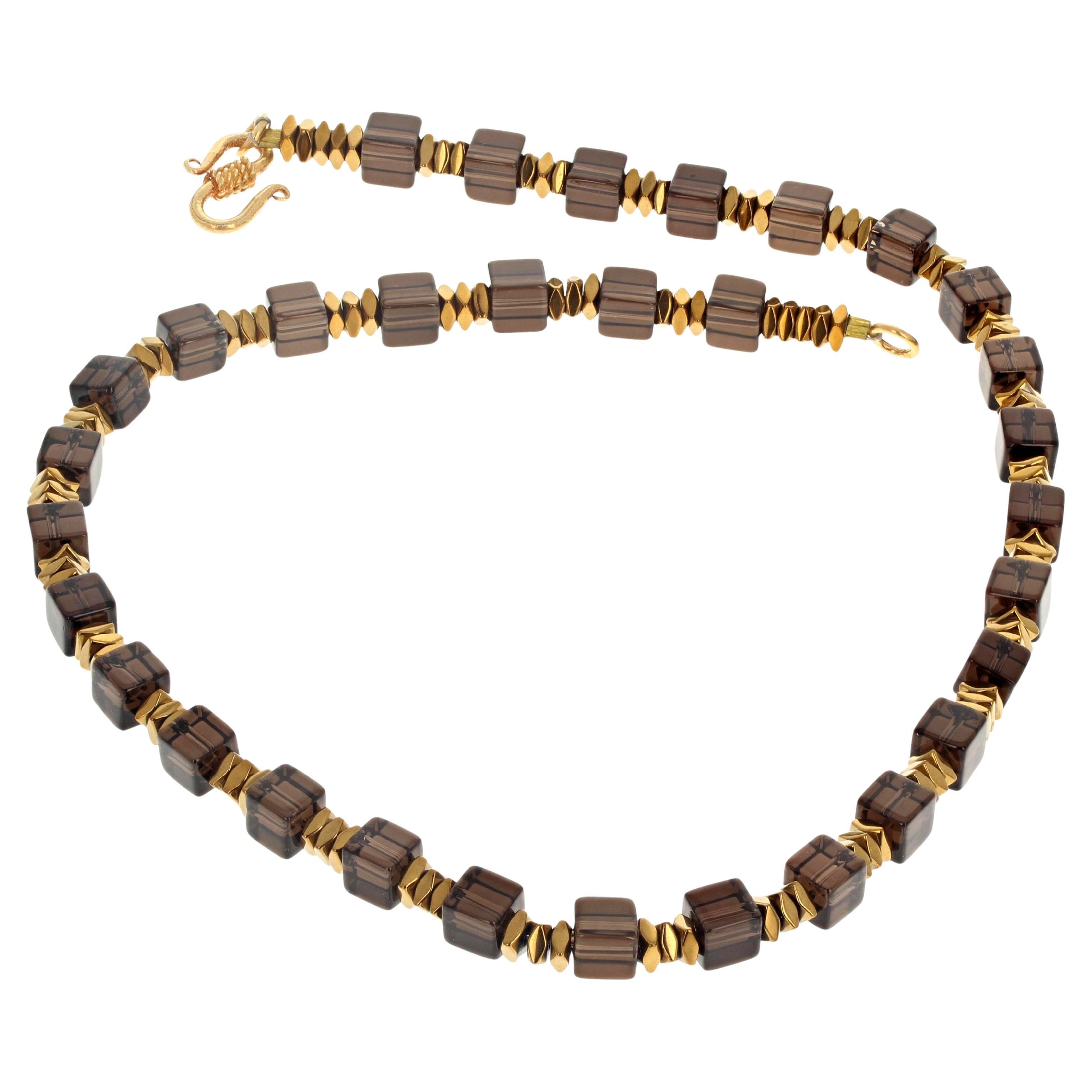 AJD Natural Magnificent Smoky Quartz Cubes & Goldy Spacers 17 1/2" Necklace