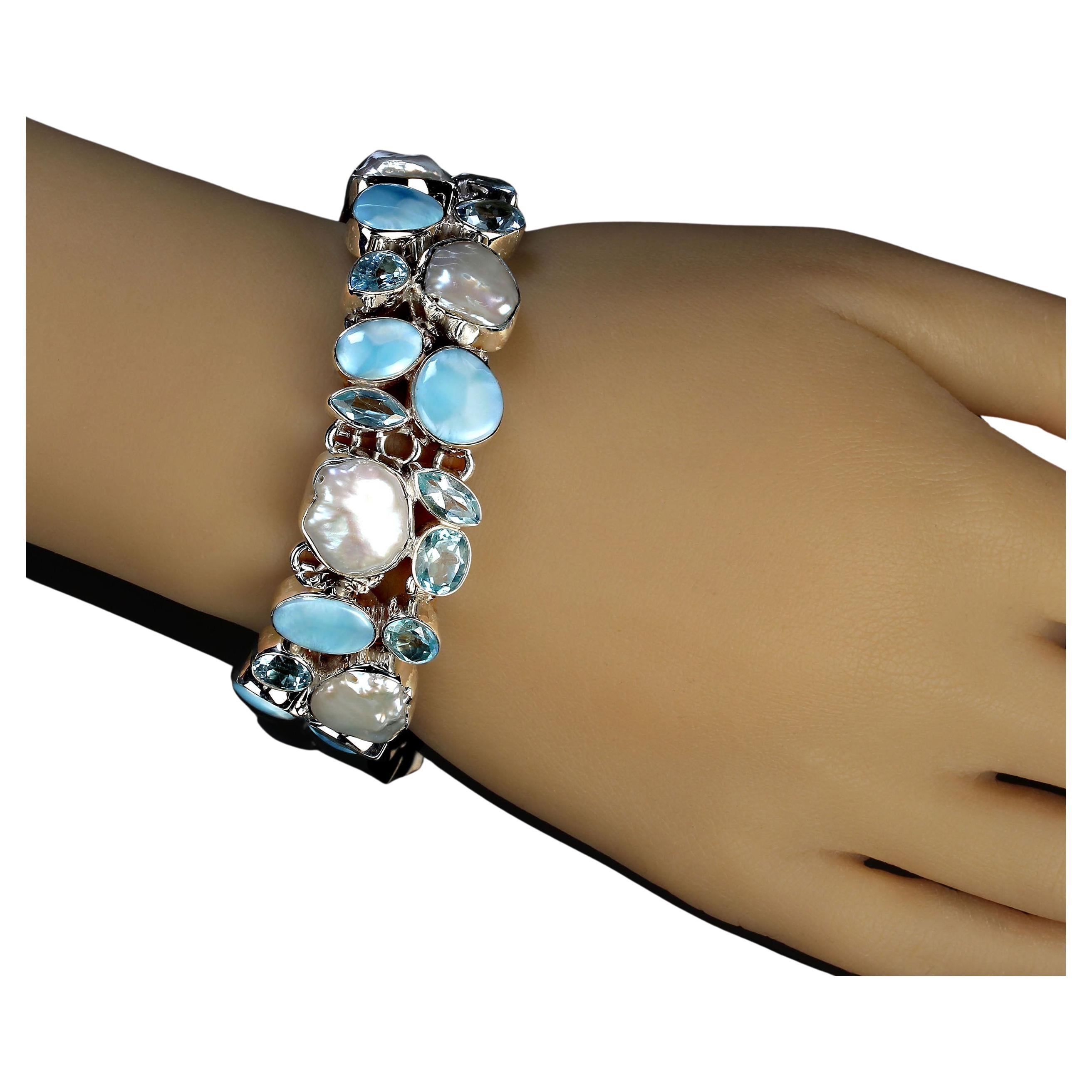 AJD Magnificent bracelet of Biwa Pearl, Blue Topaz, & Larimar Bezel in Silver For Sale