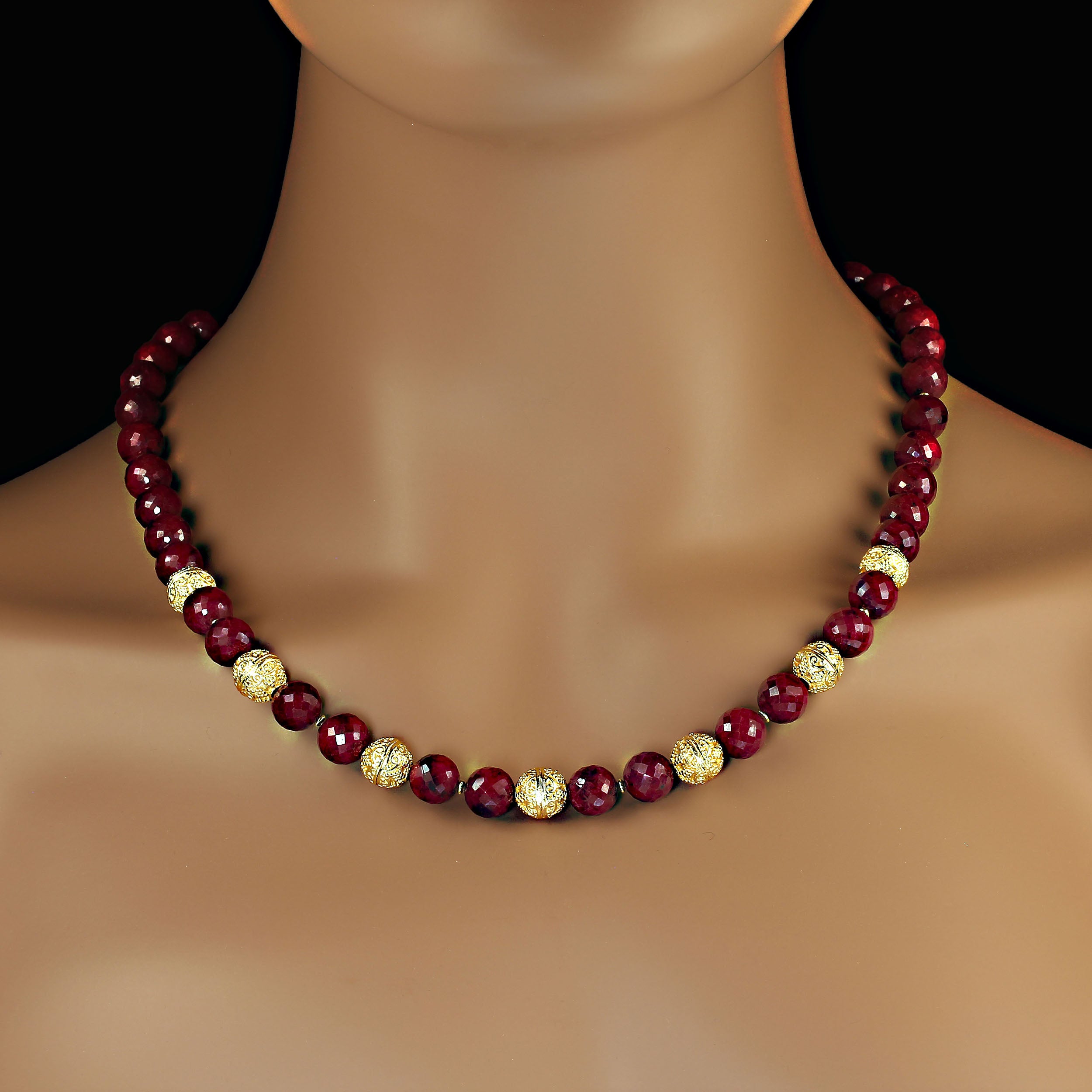 AJD Elegant faceted Ruby beaded necklace with goldy accents 21 Inches. For Sale