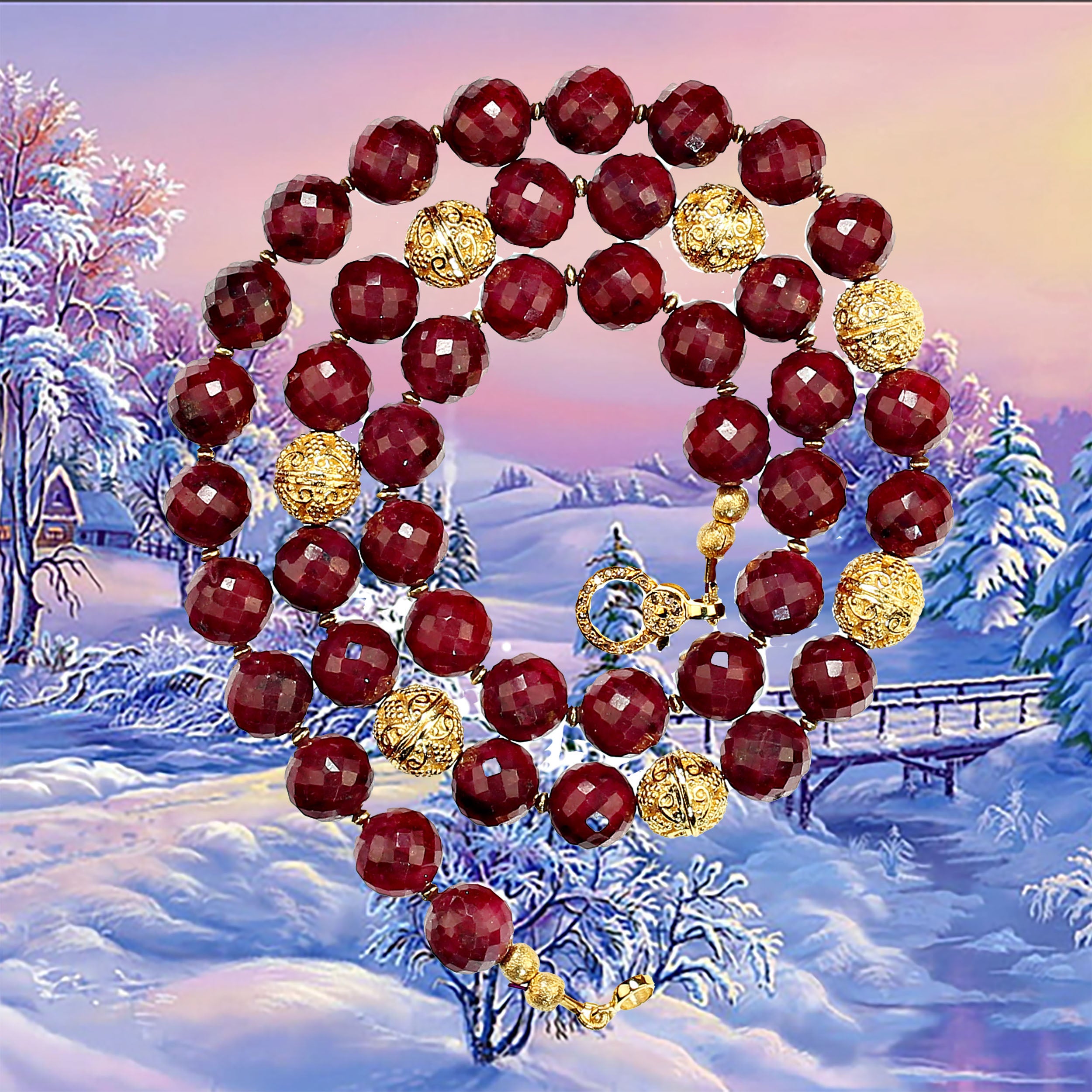 Bead AJD Elegant faceted Ruby beaded necklace with goldy accents 21 Inches. For Sale