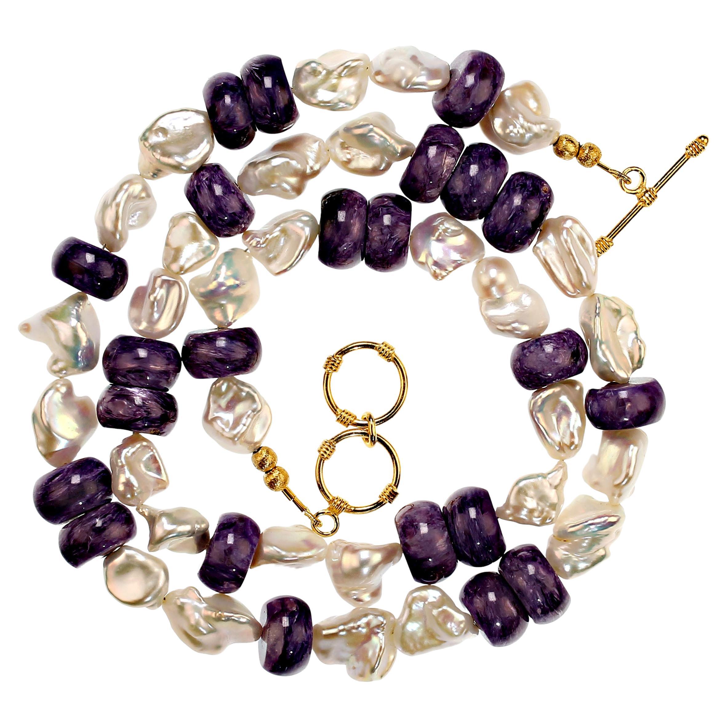 Artisan AJD Versatile and Elegant White Pearl and Purple Charoite Necklace For Sale