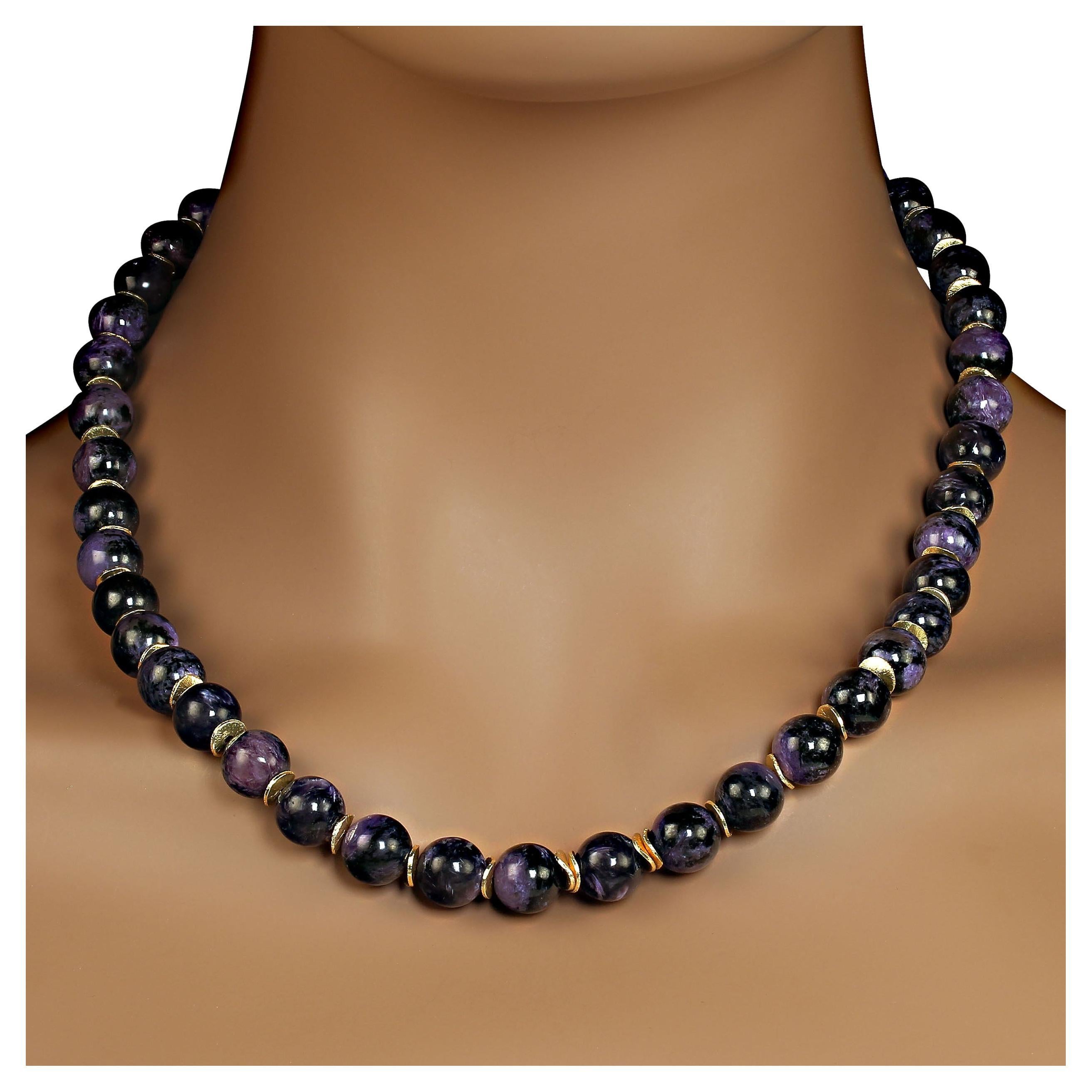 20-21 Inch expandable necklace of gorgeous charoite with goldy flutter accents.  The charoite is highly polished and smooth 10mm. There are two loops in the gold-plate toggle clasp for adjustable sizing. MN2328