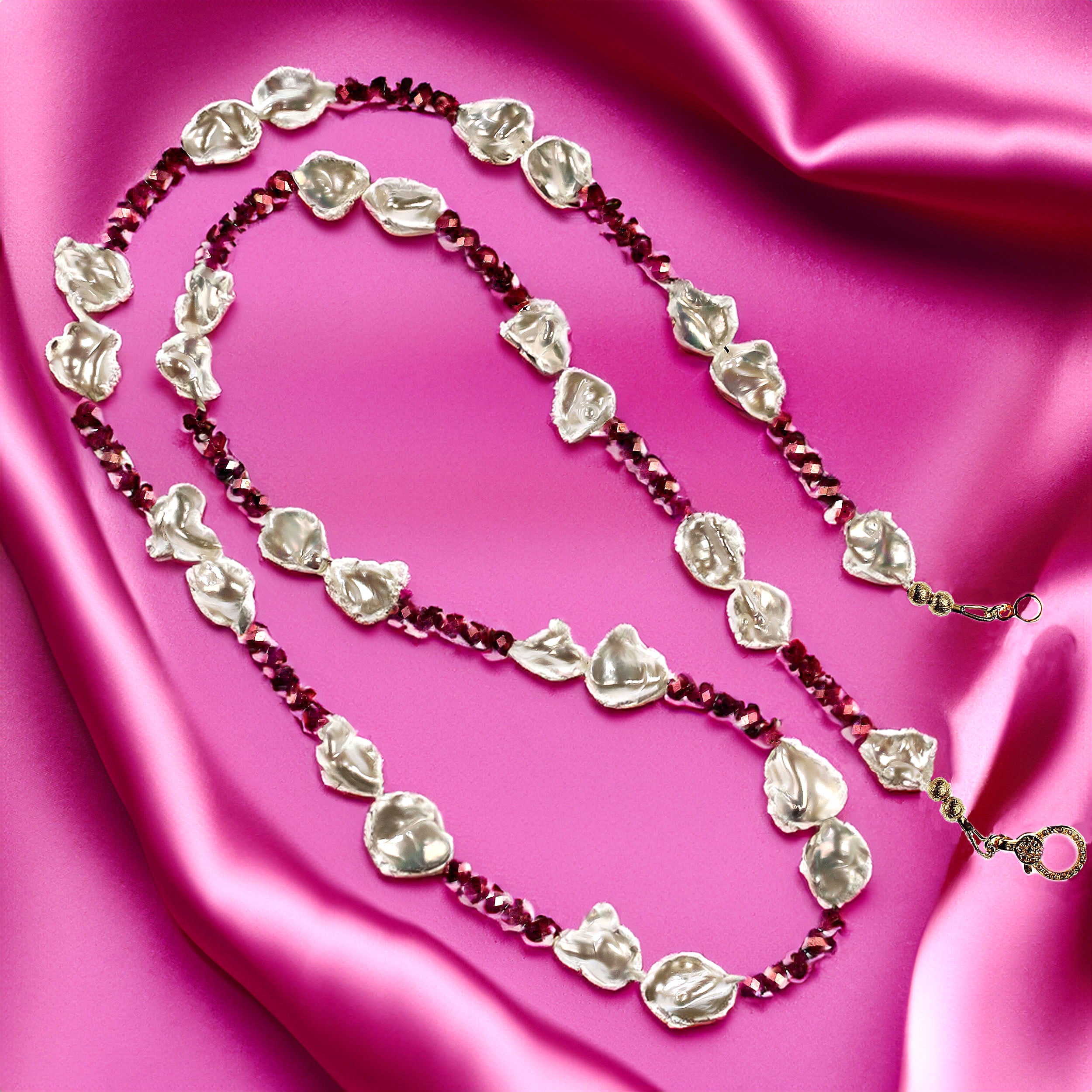 AJD 30 Inch Unique White Pearl and Ruby Necklace    Great Gift!