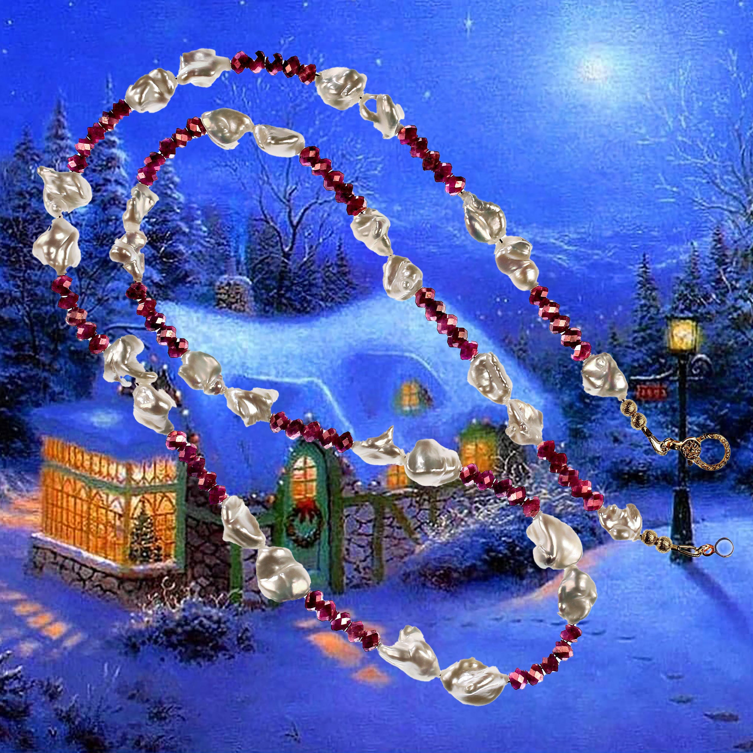 AJD Collana di perle bianche e rubini unica da 30 pollici    Un grande regalo! in vendita