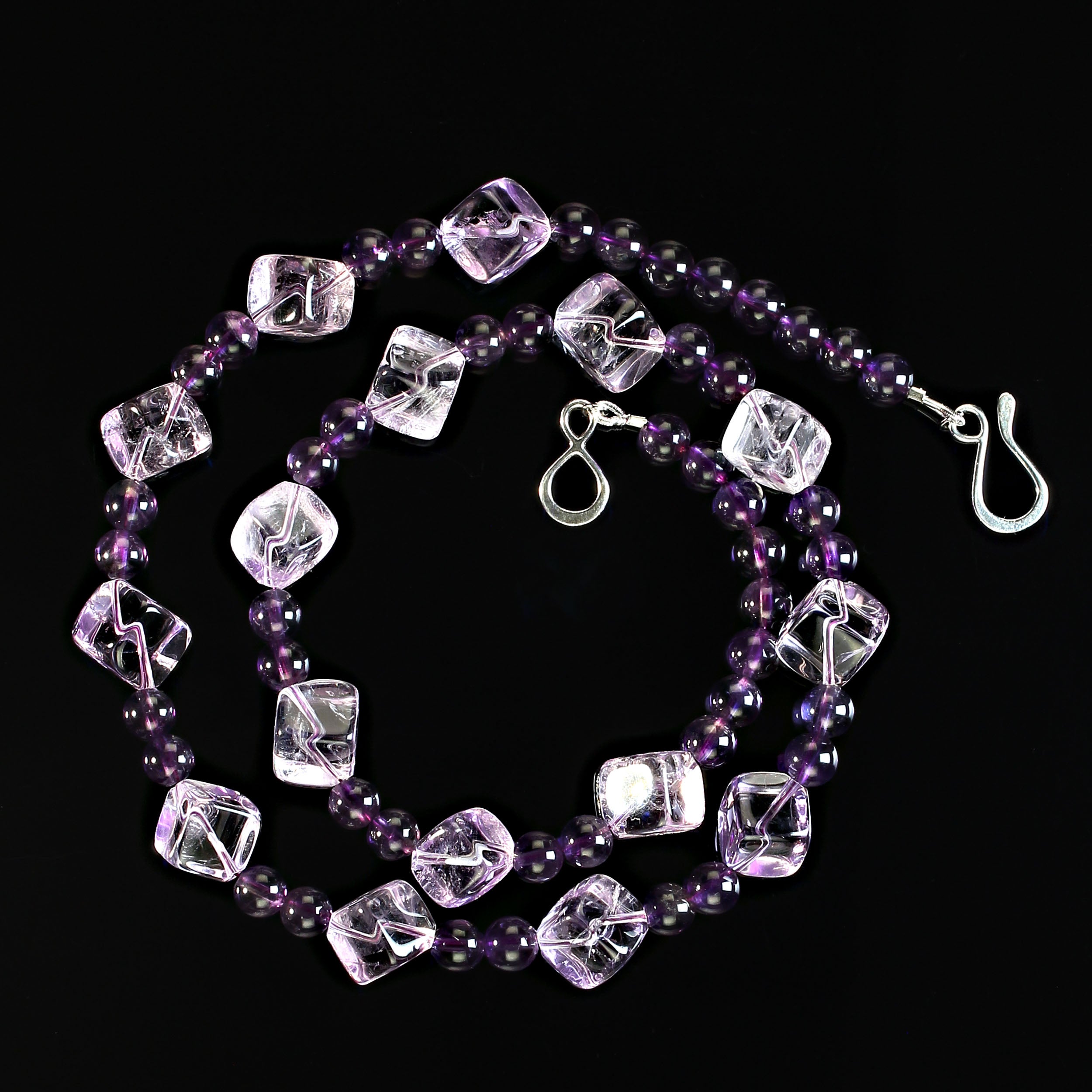 AJD Rose of France Cubes and 6MM Amethyst in a 21 Inch Necklace For Sale