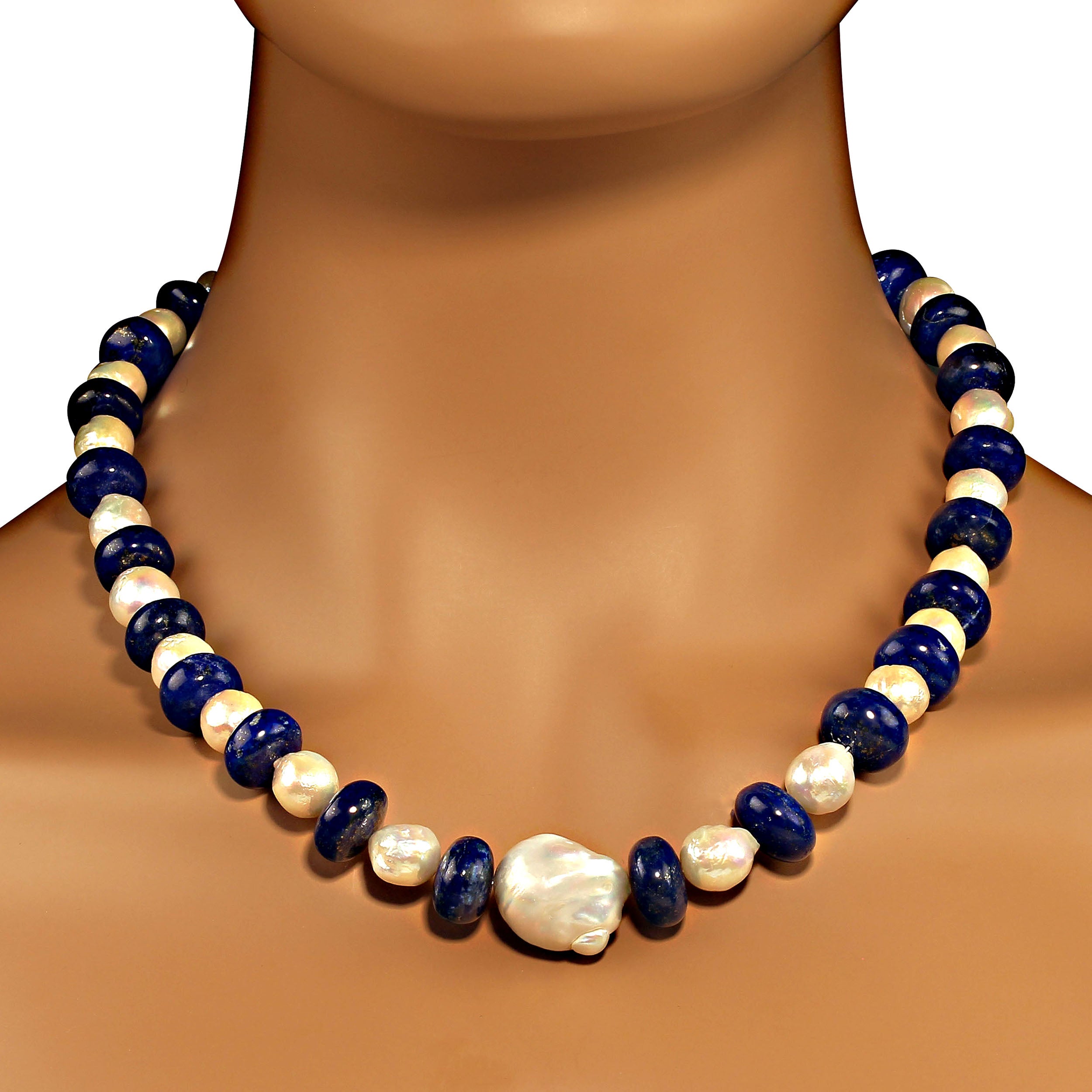 AJD Elegant White Pearl and Blue Lapis Lazuli 20 Inch Necklace For Sale