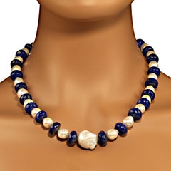 AJD Elegant White Pearl and Blue Lapis Lazuli 20 Inch Necklace