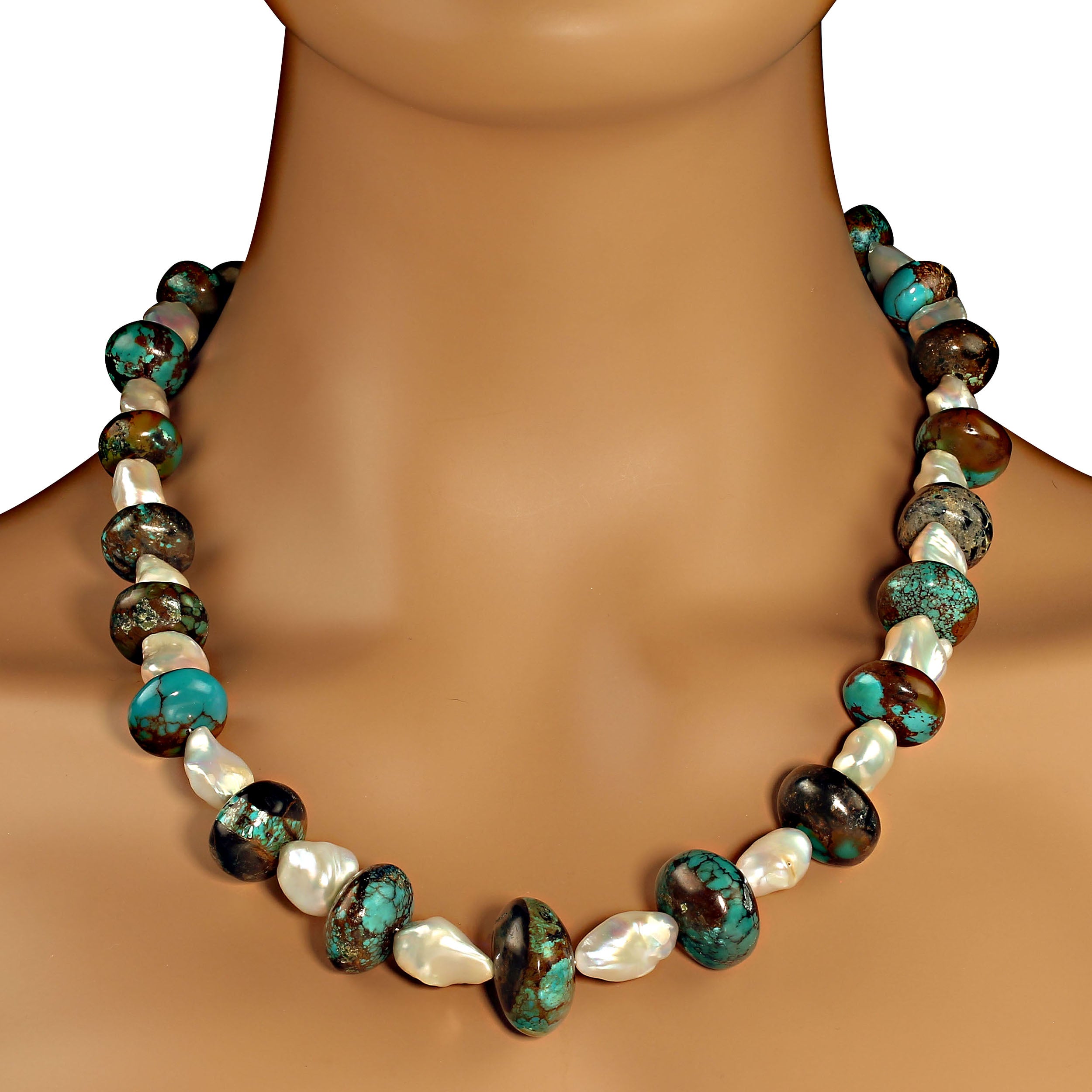 AJD 22 Inch Necklace Hubei Turquoise Mixed with White Freshwater Pearl For Sale