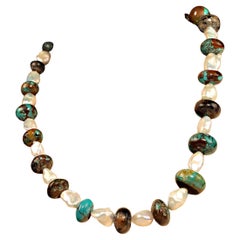 AJD Collar de 22 Pulgadas Turquesa de Hubei Mezclada con Perla Blanca de Agua Dulce