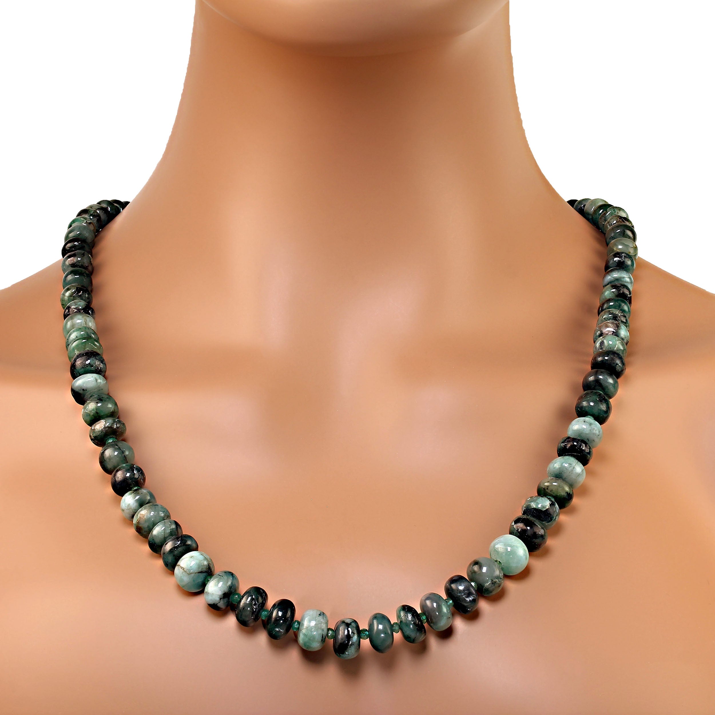AJD 25 Inch Graduated Rich Green Emerald Matrix Rondelle necklace. Great Gift! For Sale