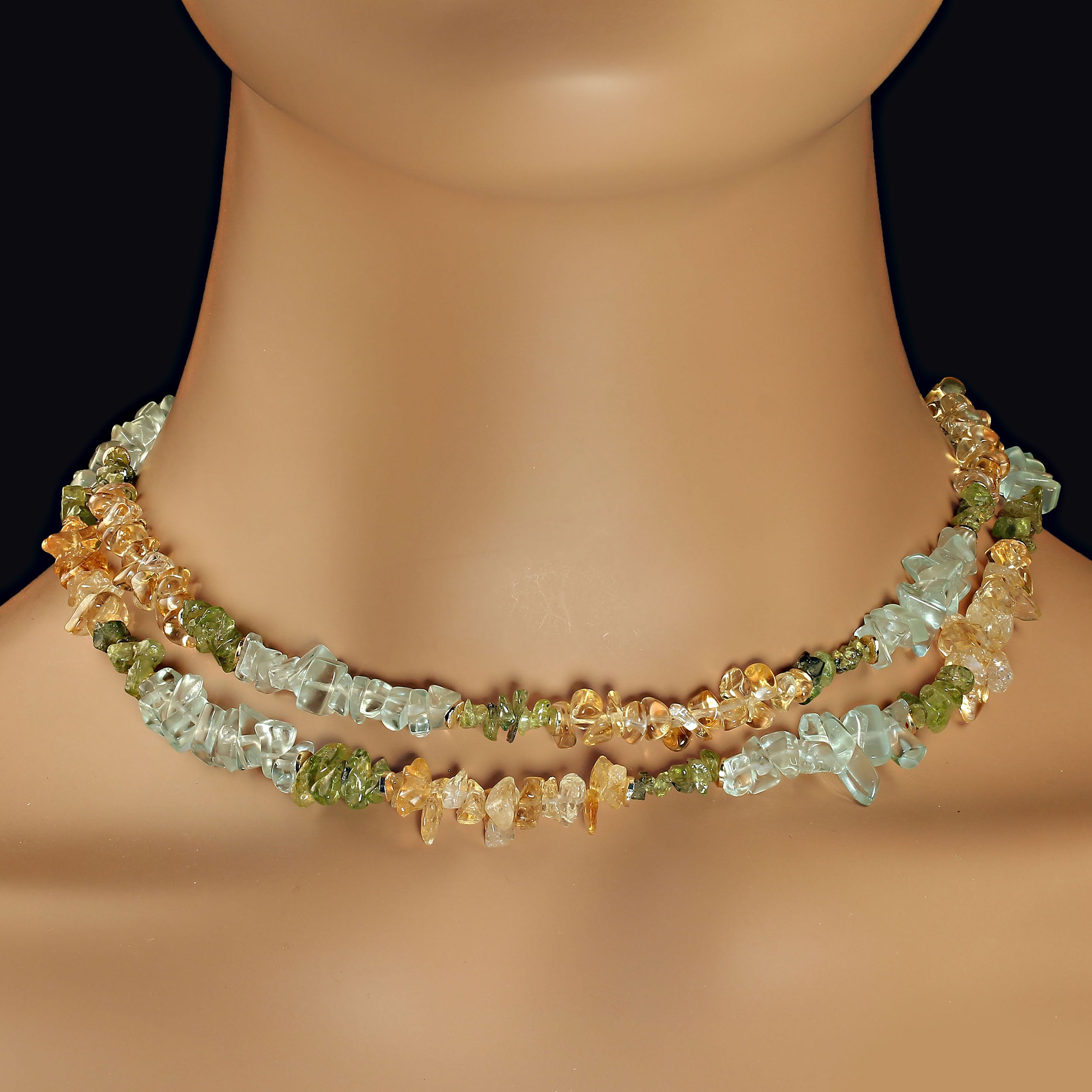 AJD 34 Inch Rope of Highly Polished Chips Citrine, Aquamarine, and Peridot  For Sale
