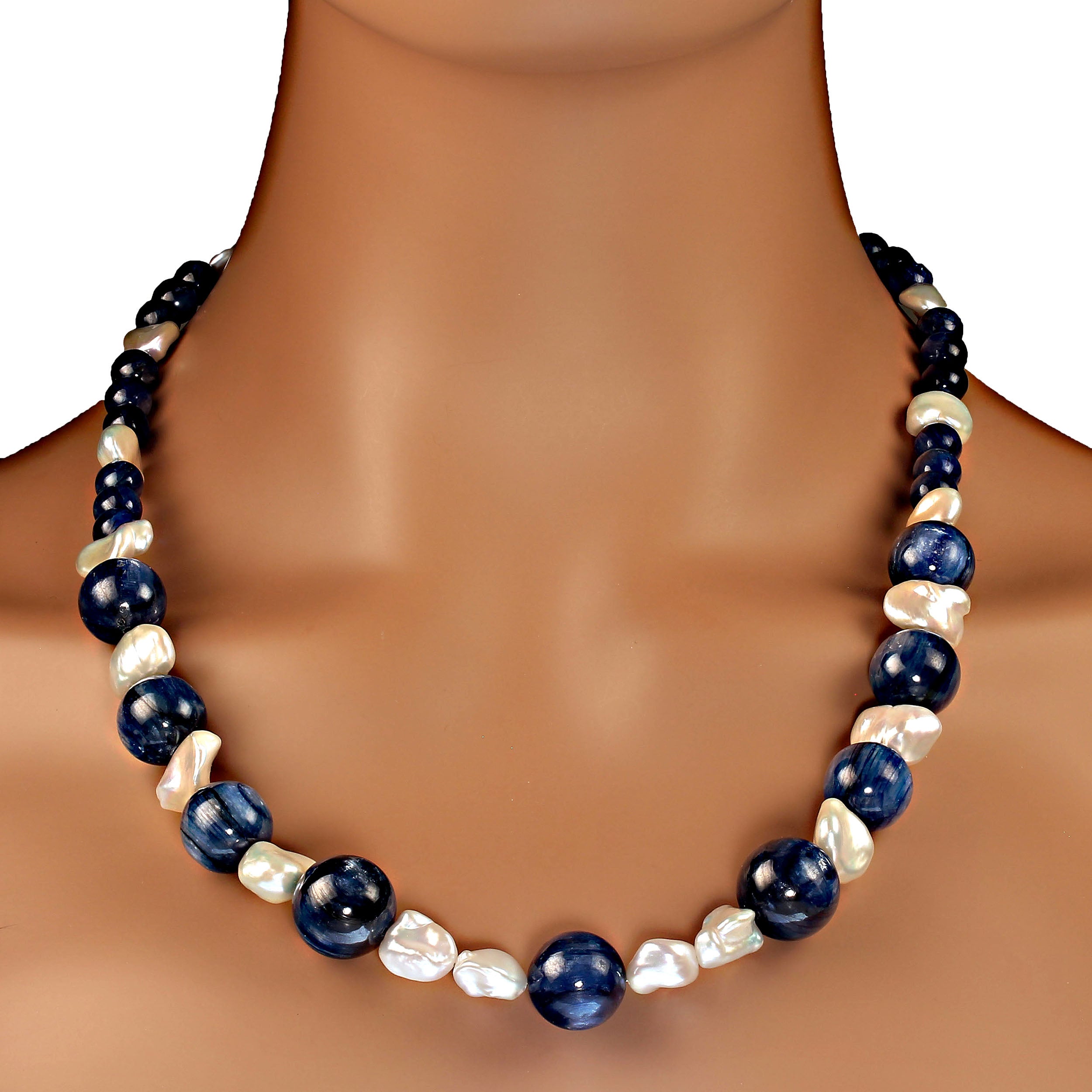 AJD Glowing Kyanite and White Iridescent Pearl 23 Inch necklace Perfect Gift! For Sale