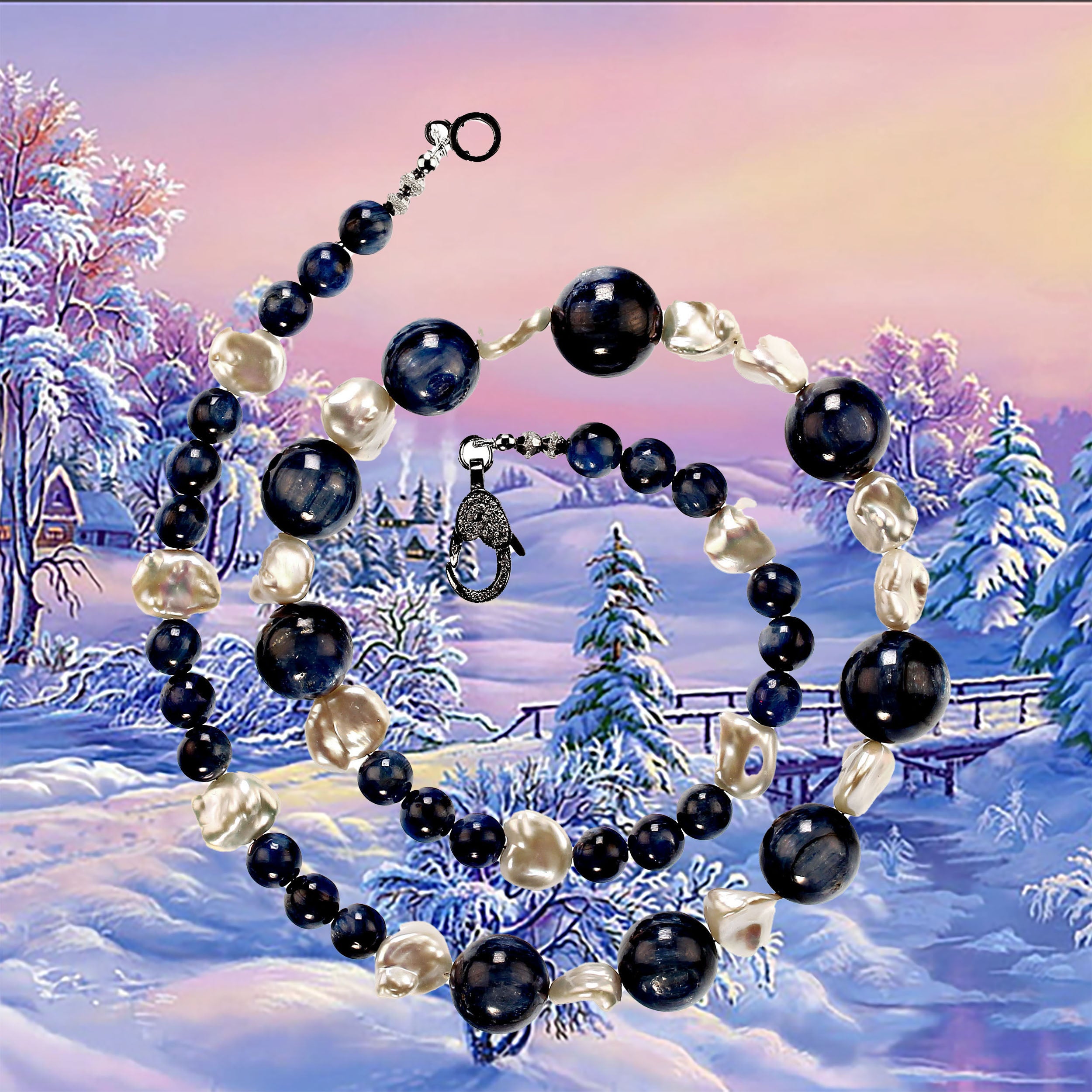 AJD Glowing Kyanite and White Iridescent Pearl 23 Inch necklace Perfect Gift! In New Condition For Sale In Raleigh, NC