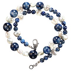 AJD Glowing Kyanite and White Iridescent Pearl 23 Inch necklace Perfect Gift!