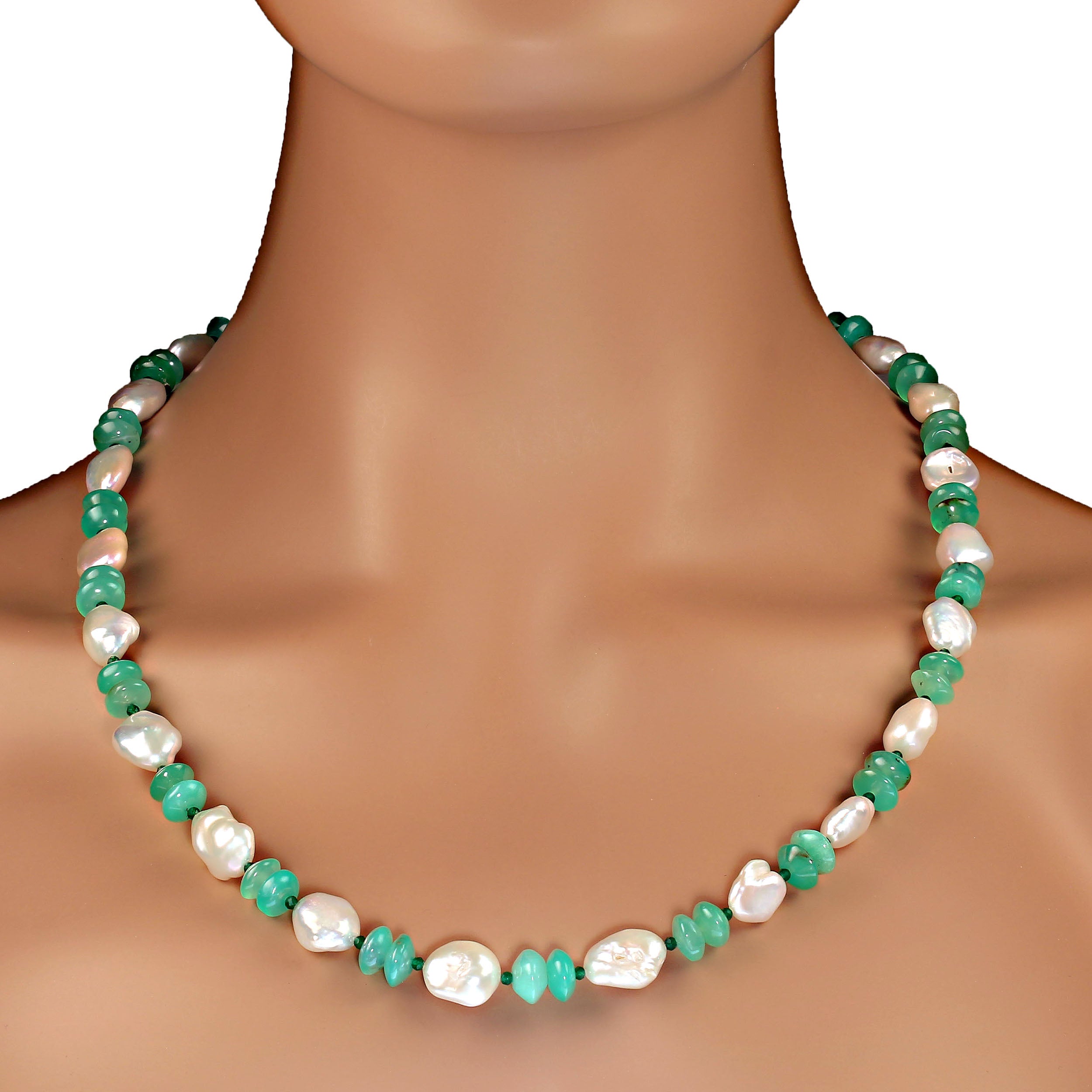 AJD 24 Inch Glowing Green Chrysoprase & White Pearl Necklace  Perfect Gift For Sale