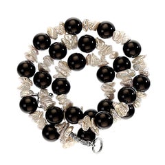 AJD 20 Inch Gray Iridescent Biwa Pearl and Black Onyx necklace Great Gift!